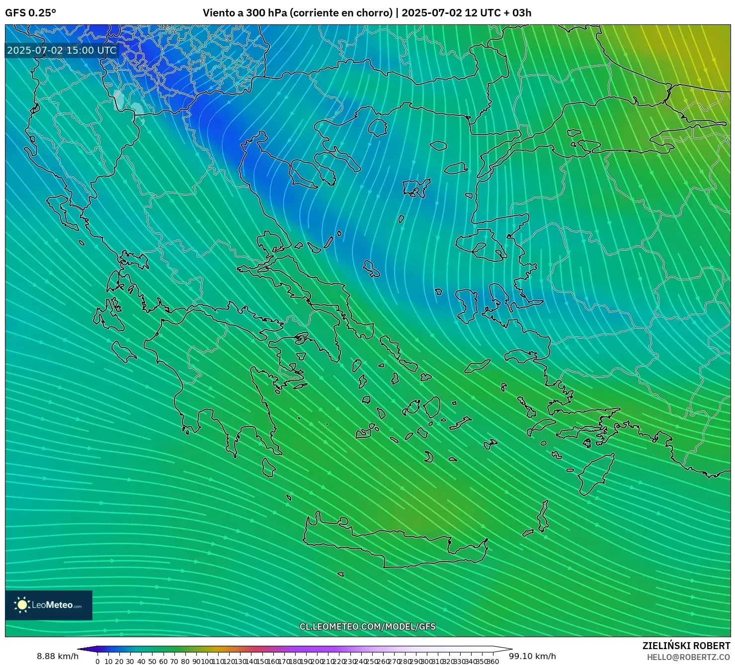 GFS model - Grecia, Viento a 300 hPa (corriente en chorro)