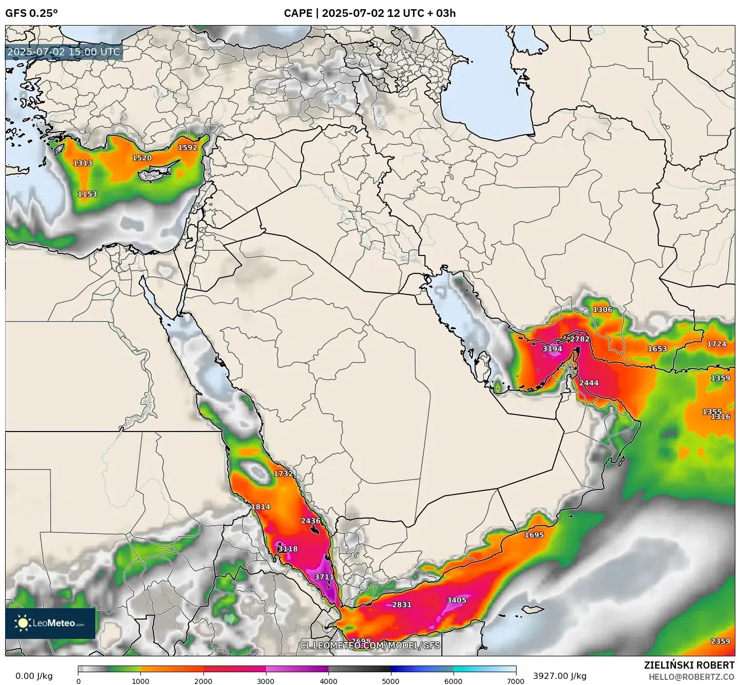 GFS model - Oriente Medio, CAPE