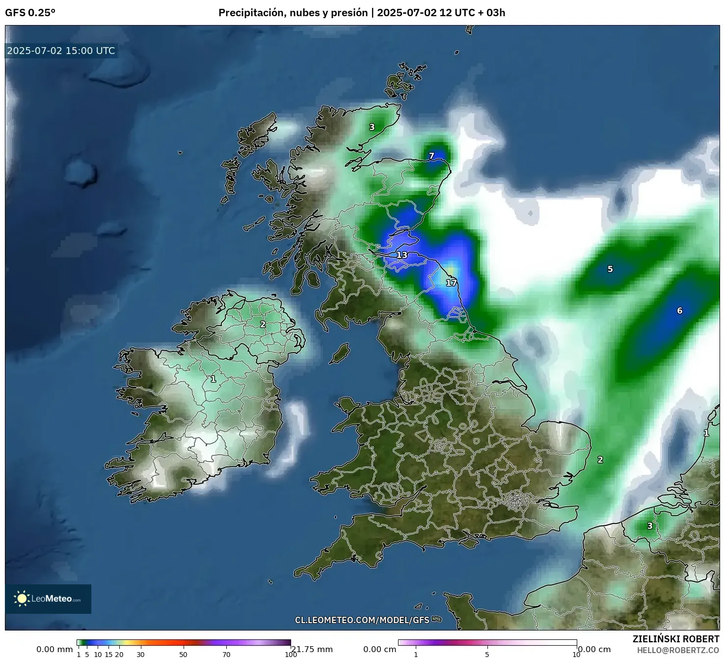 GFS model - Reino Unido, Precipitación, nubes y presión