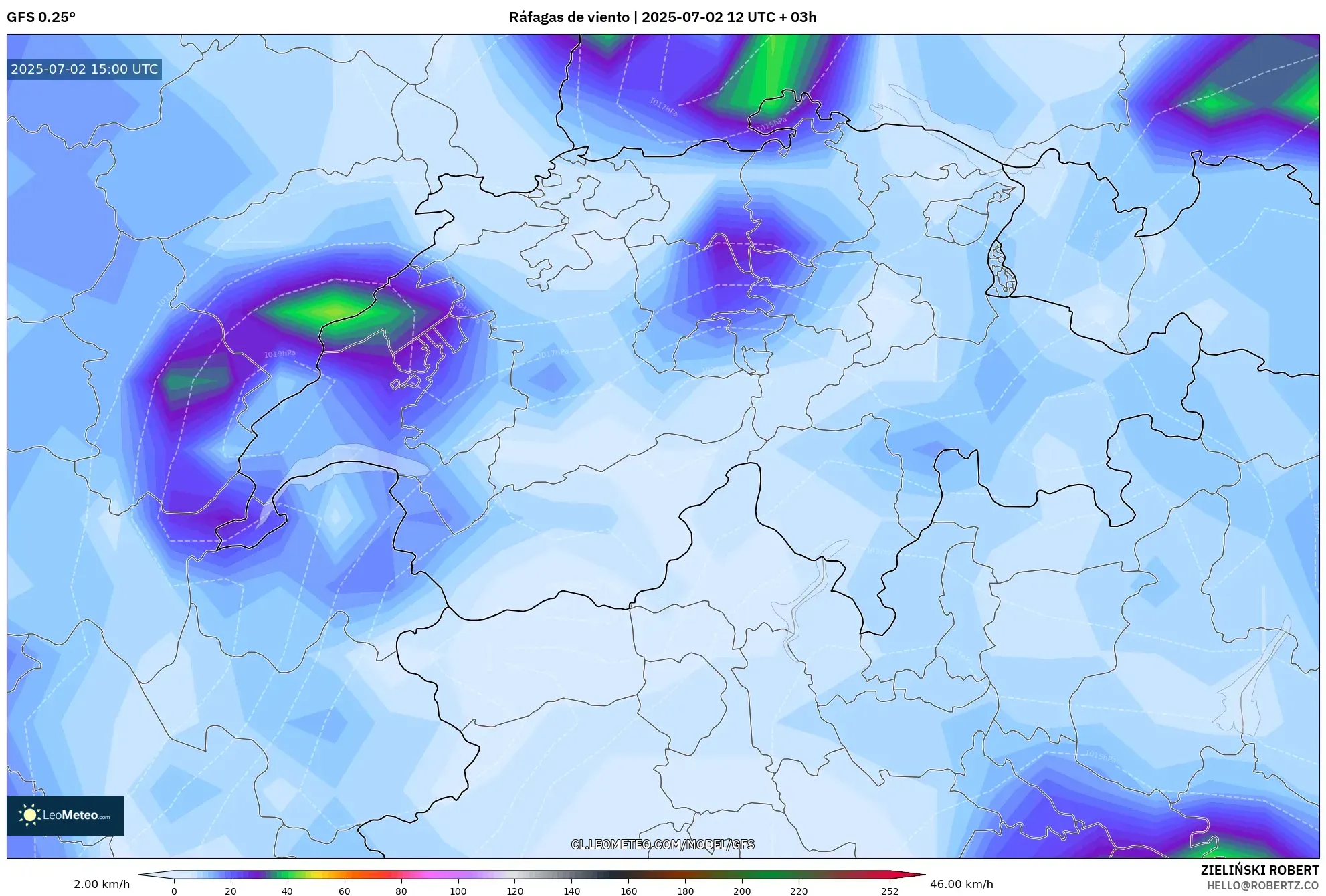GFS model - Suiza, Ráfagas de viento