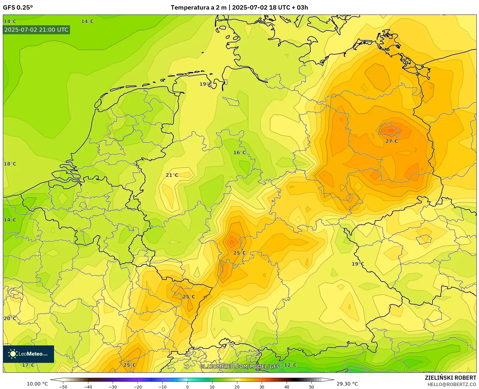 GFS model - Alemania, Temperatura a 2 m
