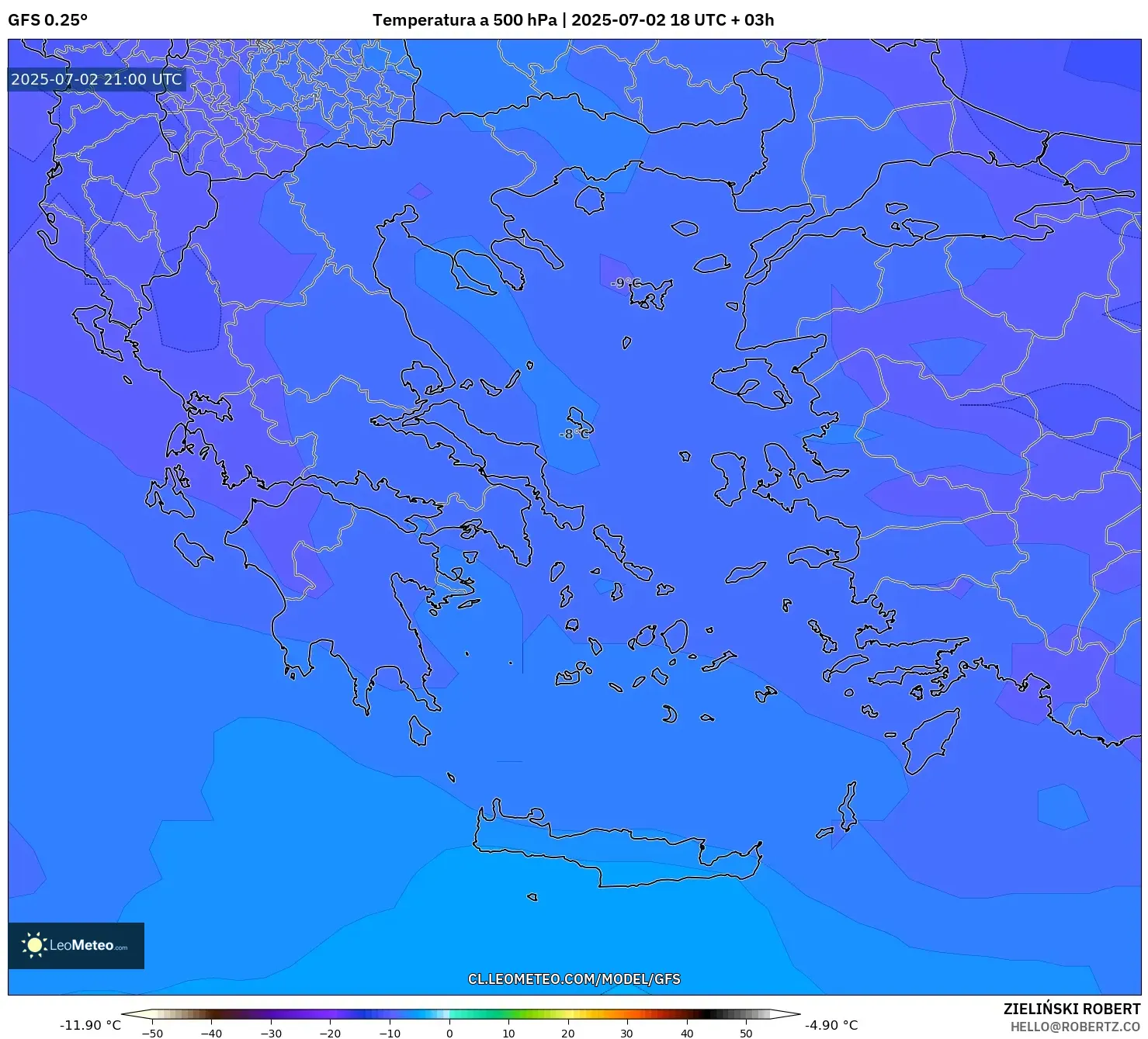 GFS model - Grecia, Temperatura a 500 hPa