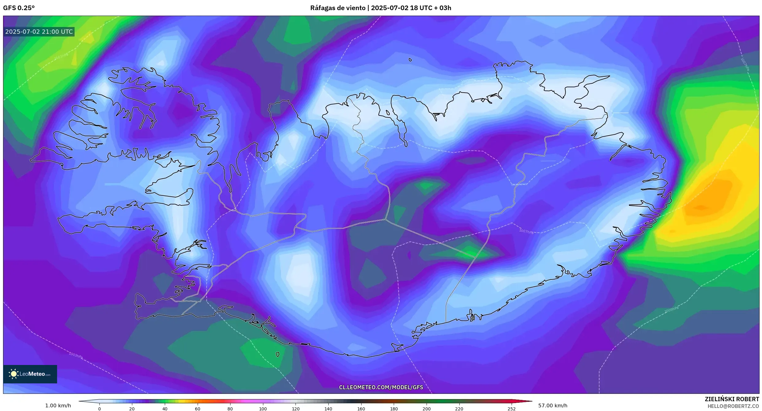 GFS model - Islandia, Ráfagas de viento