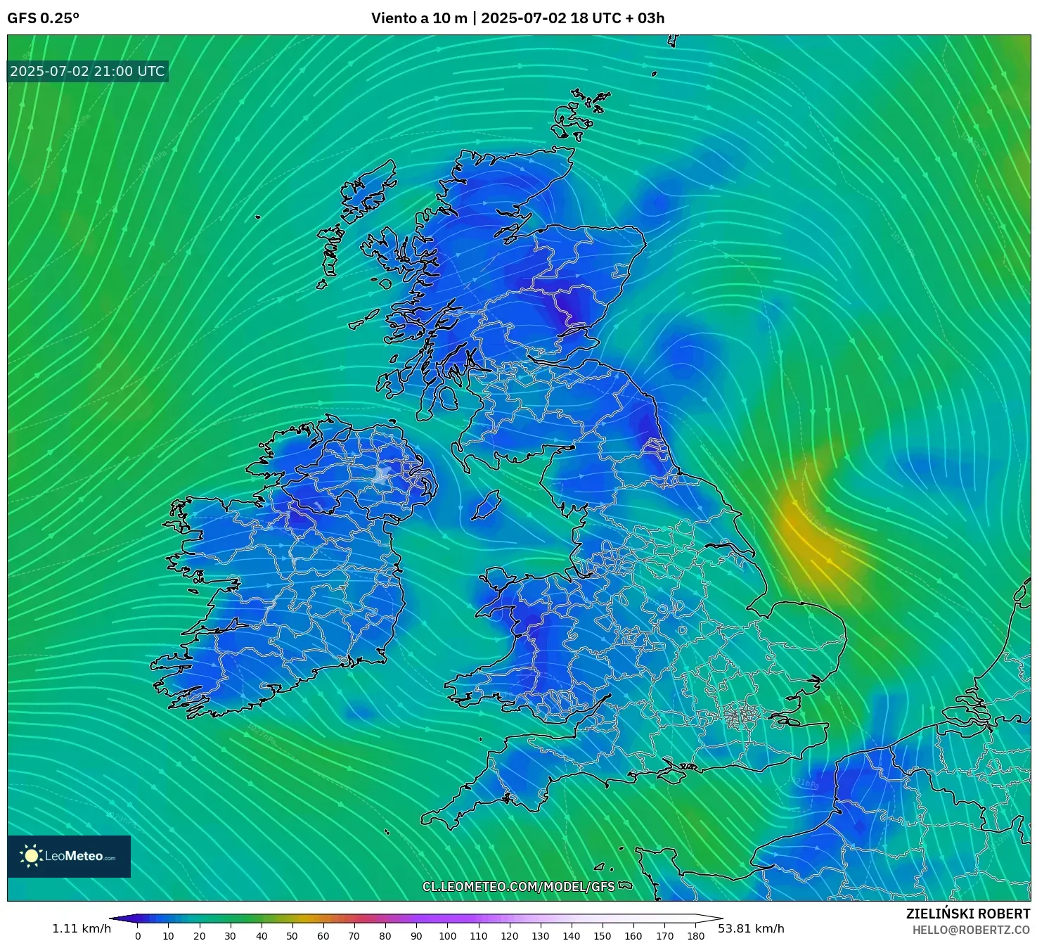 GFS model - Reino Unido, Viento a 10 m