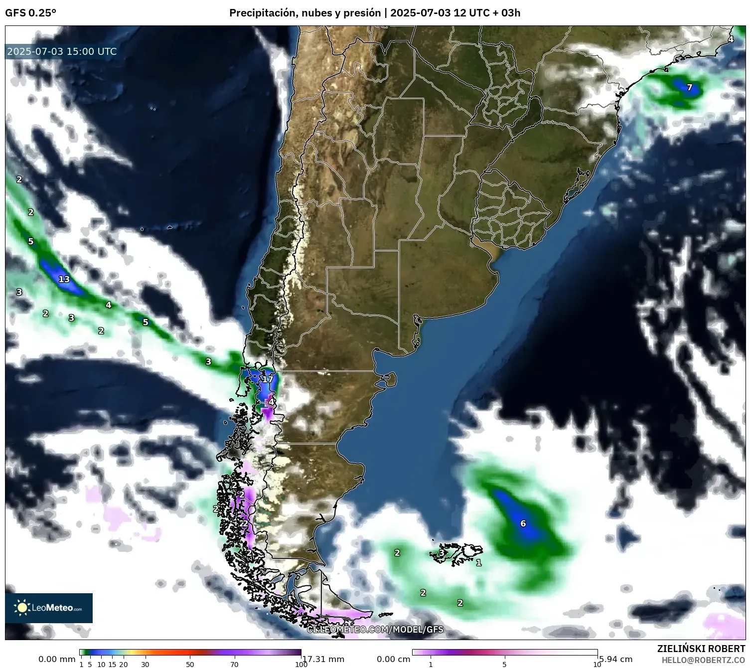 GFS model - Argentina, Precipitación, nubes y presión