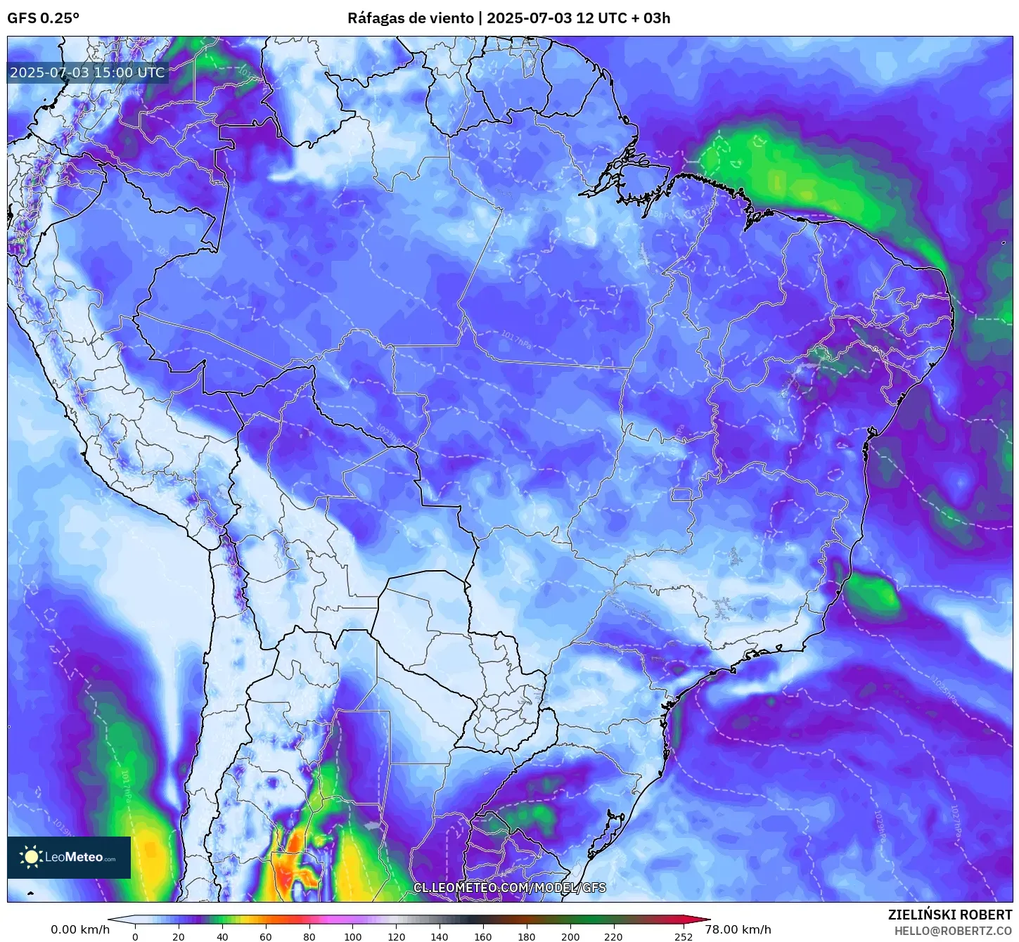 GFS model - Brasil, Ráfagas de viento
