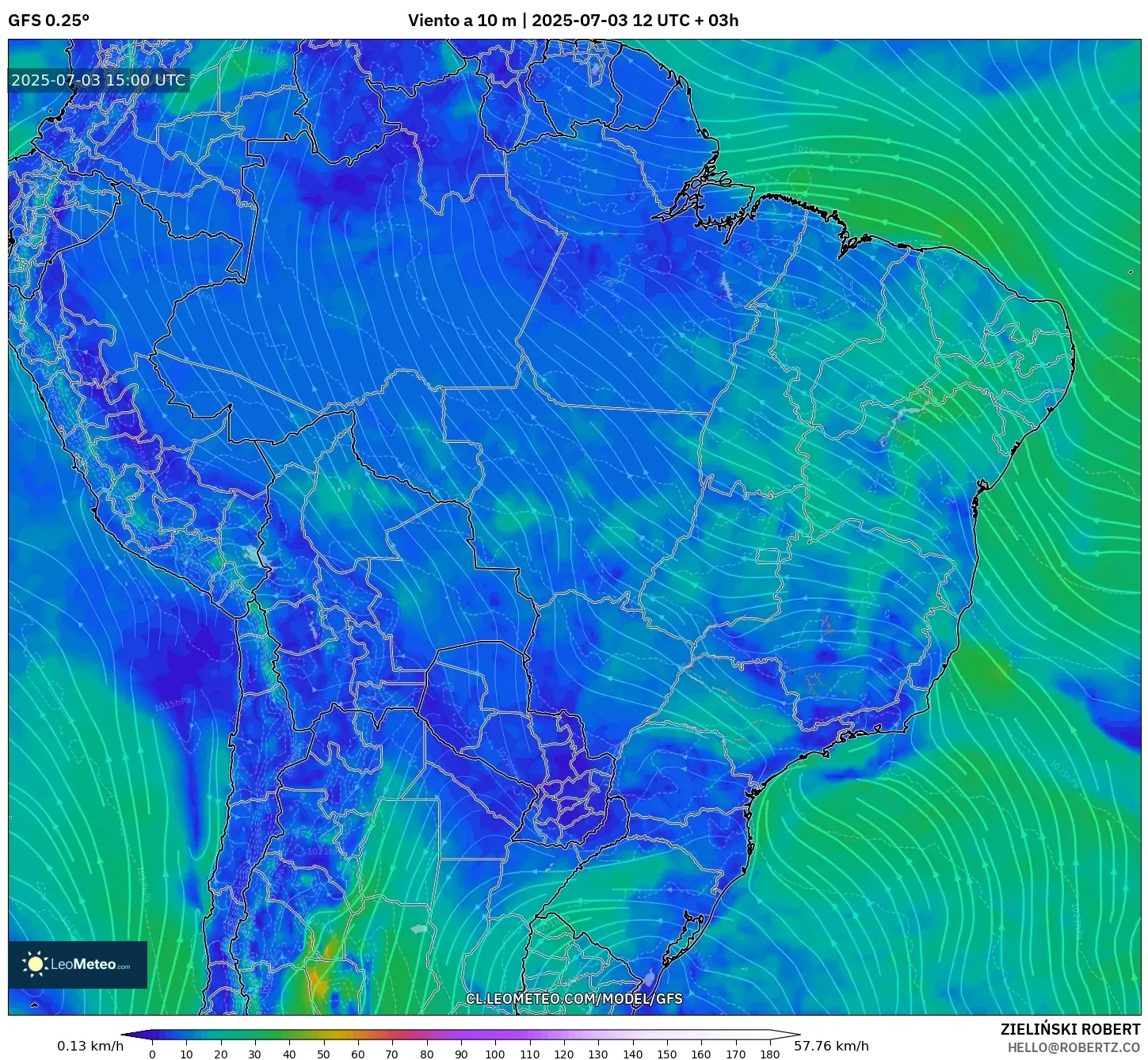 GFS model - Brasil, Viento a 10 m