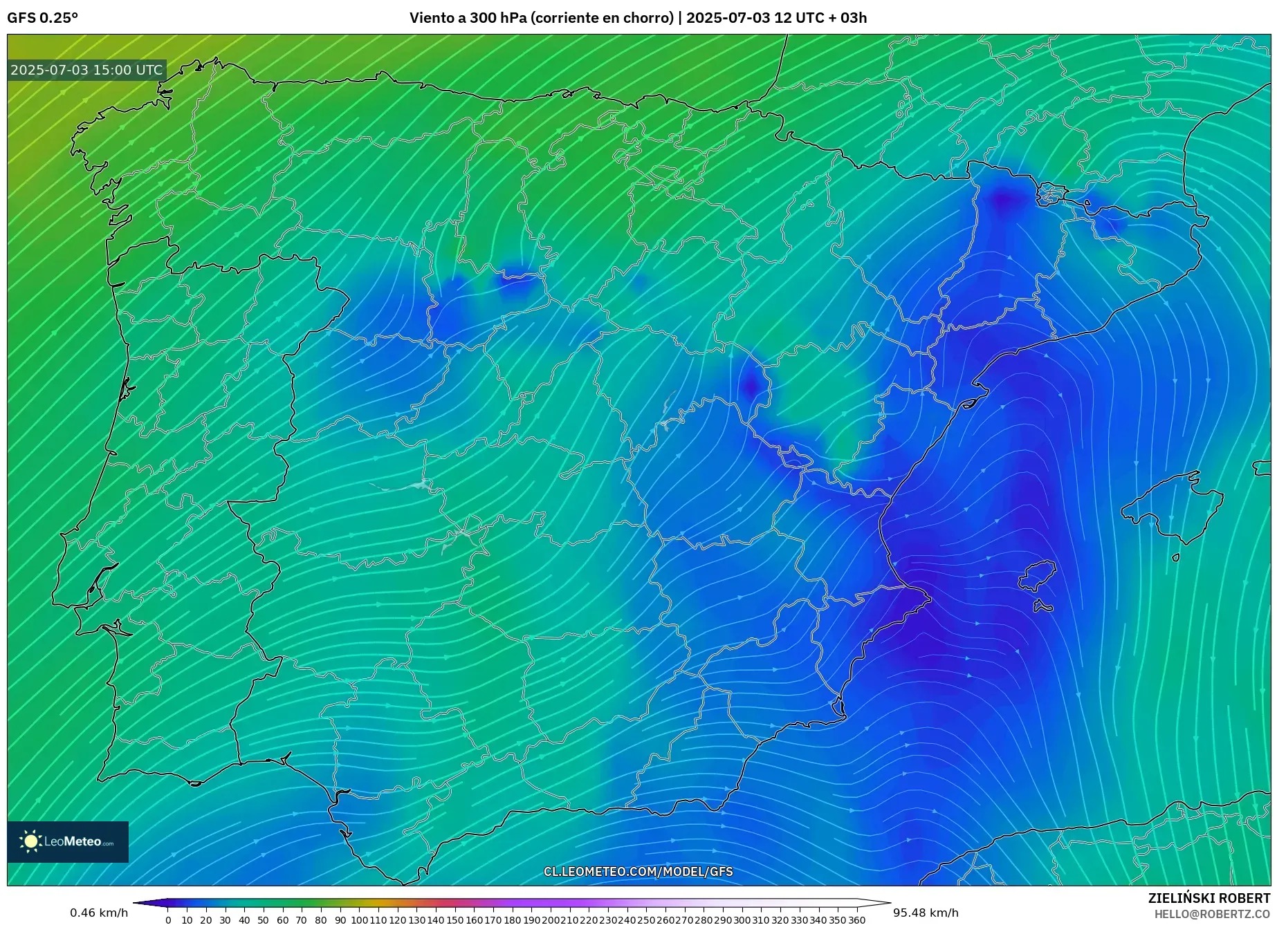 GFS model - España, Viento a 300 hPa (corriente en chorro)