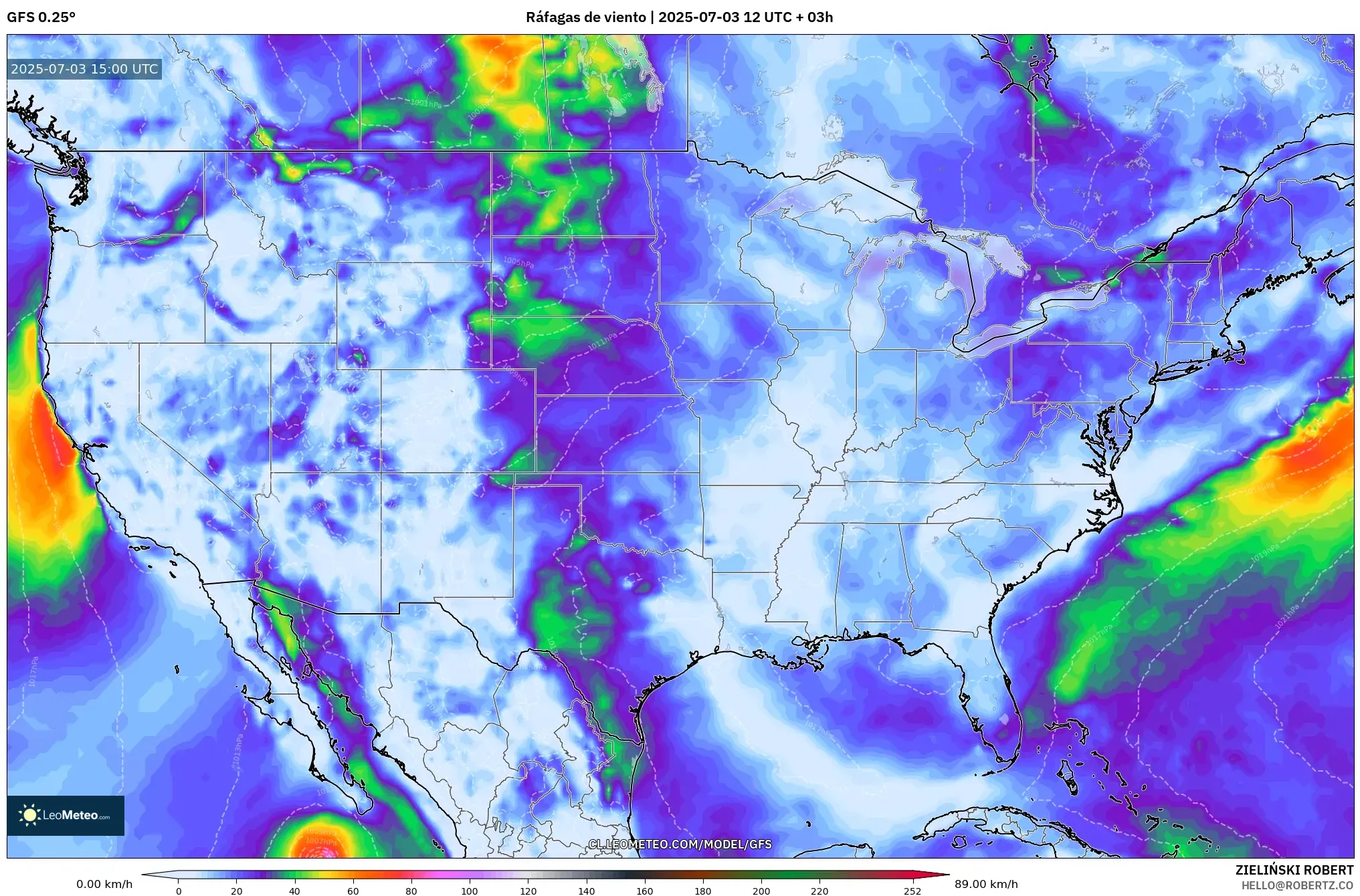 GFS model - Estados Unidos, Ráfagas de viento