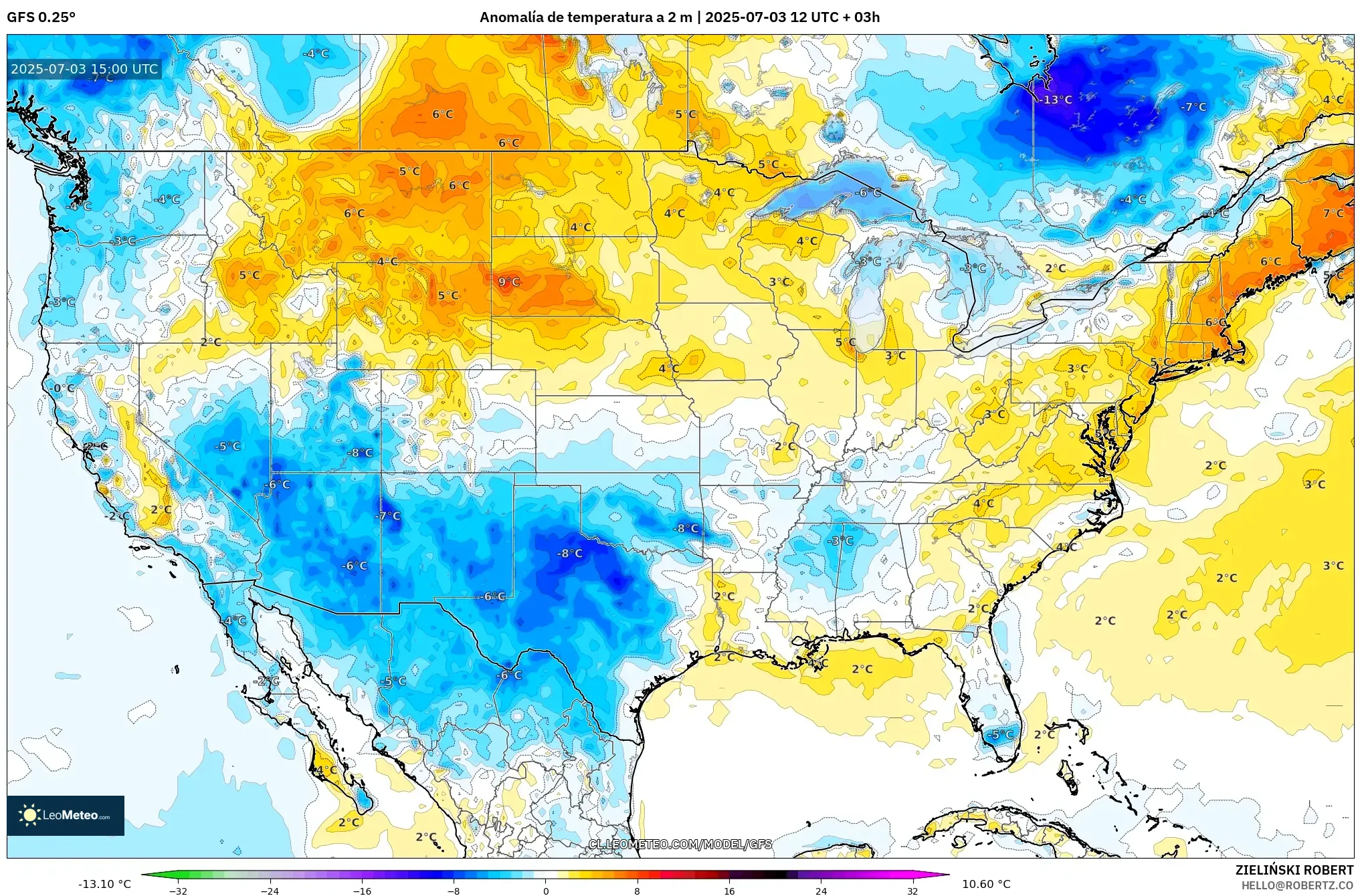 GFS model - Estados Unidos, Anomalía de temperatura a 2 m