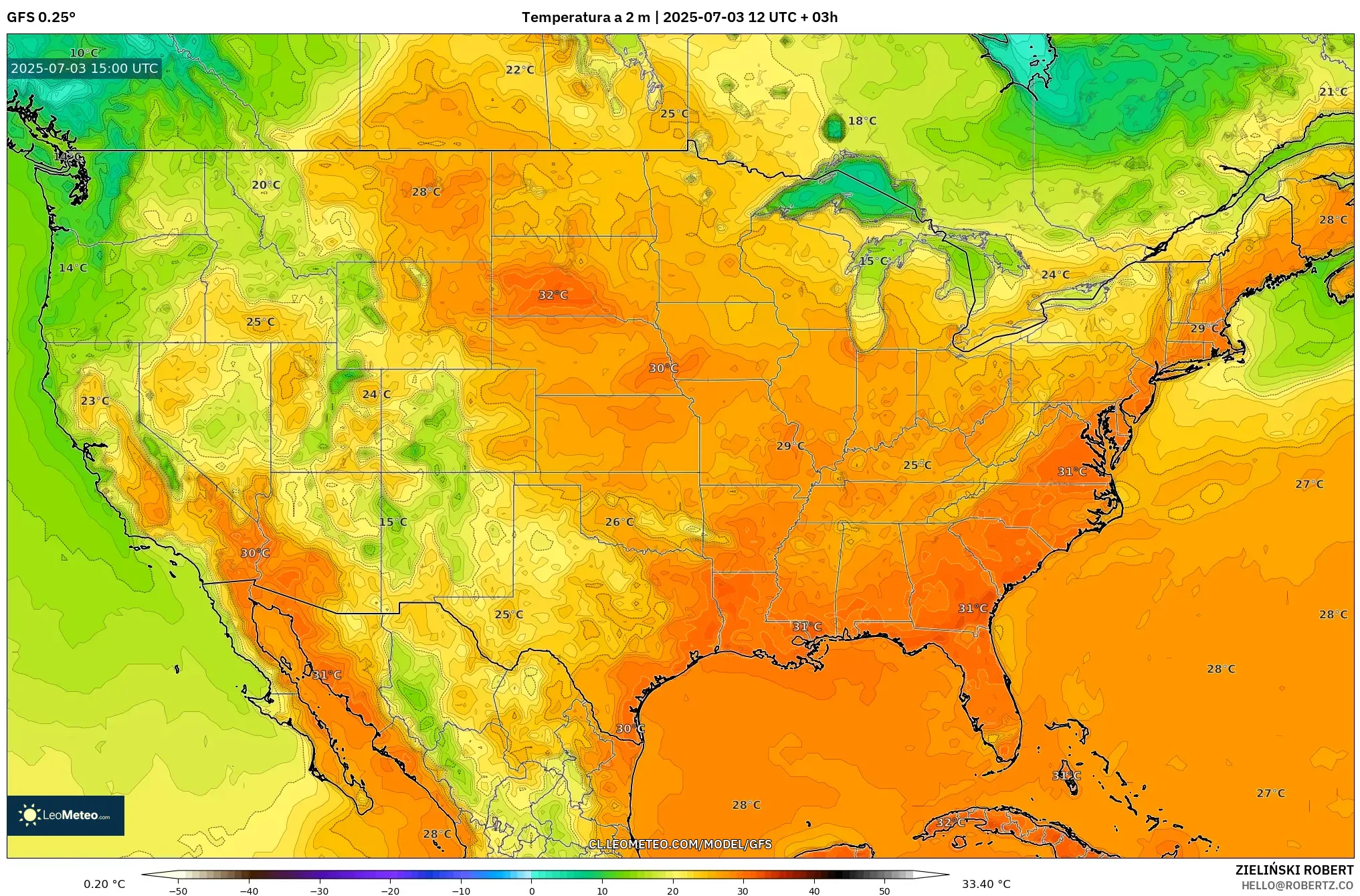 GFS model - Estados Unidos, Temperatura a 2 m