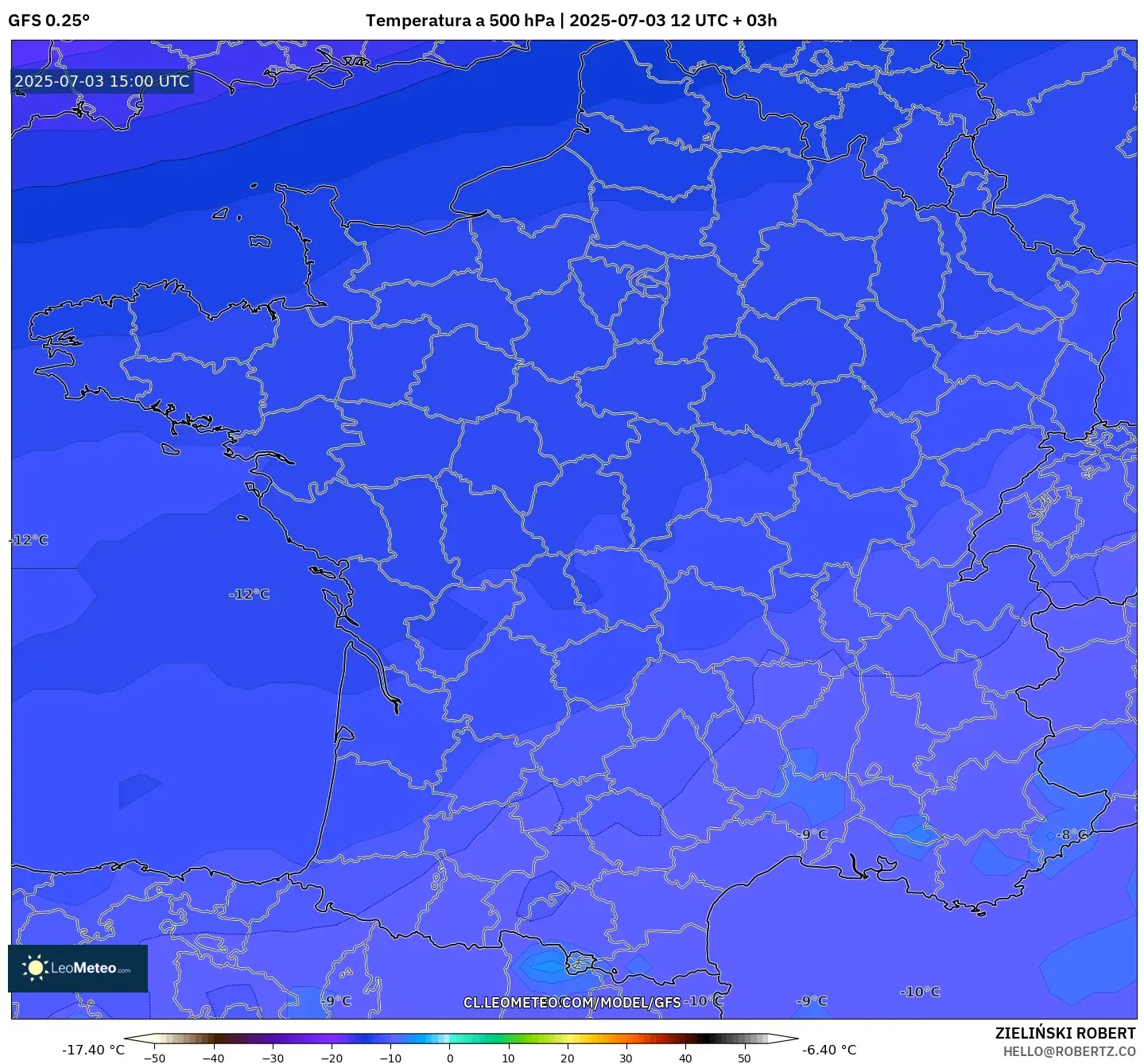GFS model - Francia, Temperatura a 500 hPa