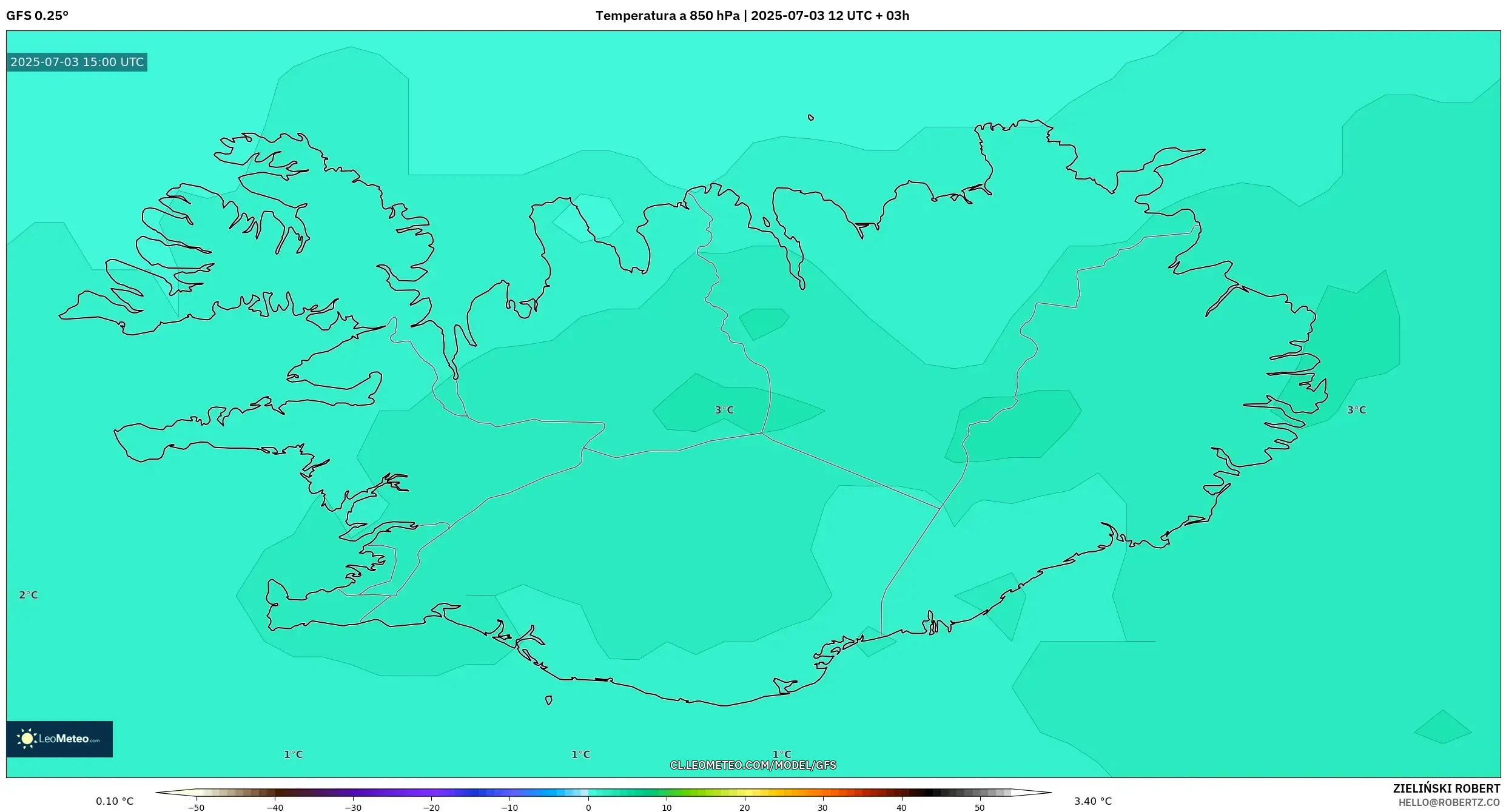 GFS model - Islandia, Temperatura a 850 hPa