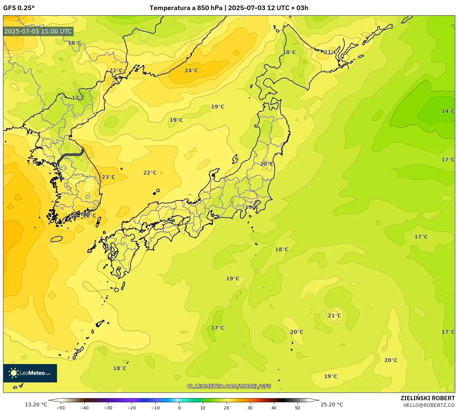 GFS model - Japón, Temperatura a 850 hPa