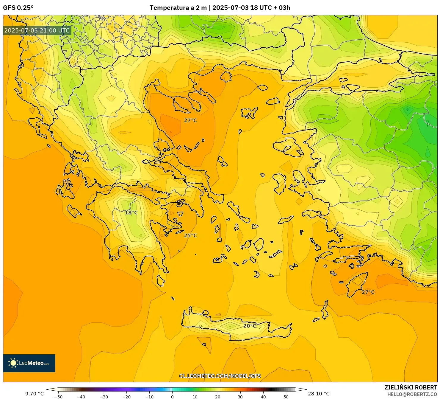 GFS model - Grecia, Temperatura a 2 m GFS model - Grecia, Temperatura a 2 m