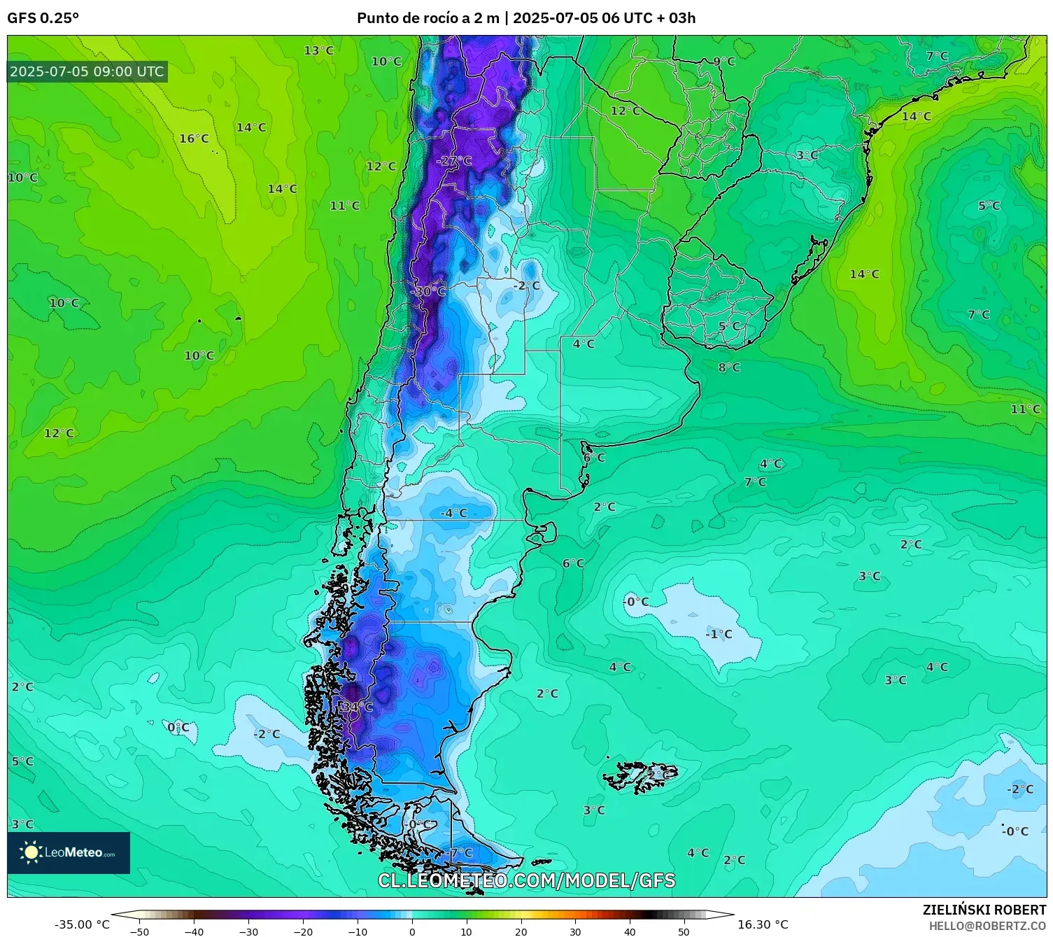 GFS model - Argentina, Punto de rocío a 2 m GFS model - Argentina, Punto de rocío a 2 m