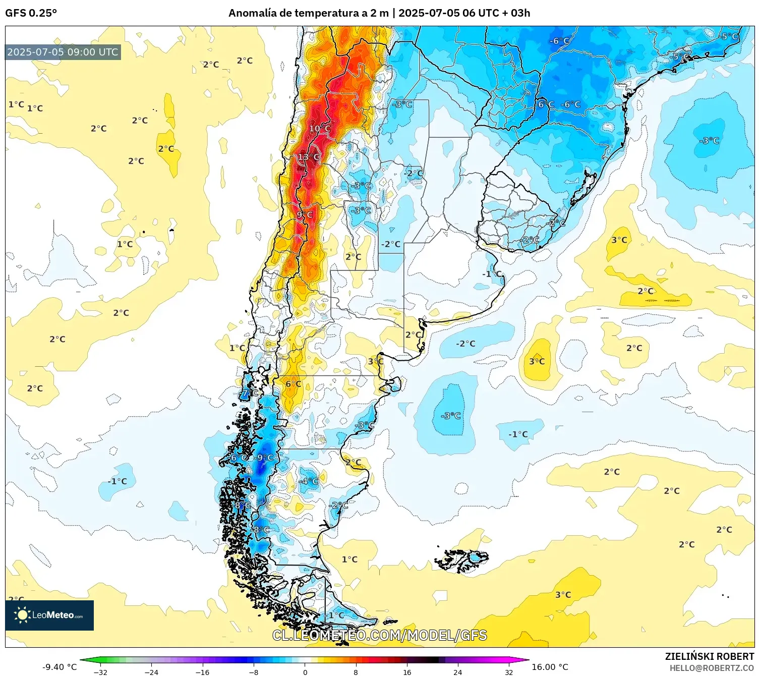 GFS model - Argentina, Anomalía de temperatura a 2 m GFS model - Argentina, Anomalía de temperatura a 2 m