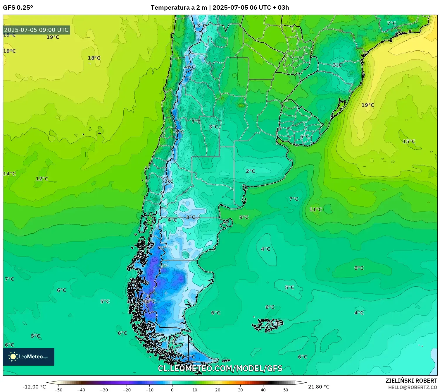 GFS model - Argentina, Temperatura a 2 m GFS model - Argentina, Temperatura a 2 m