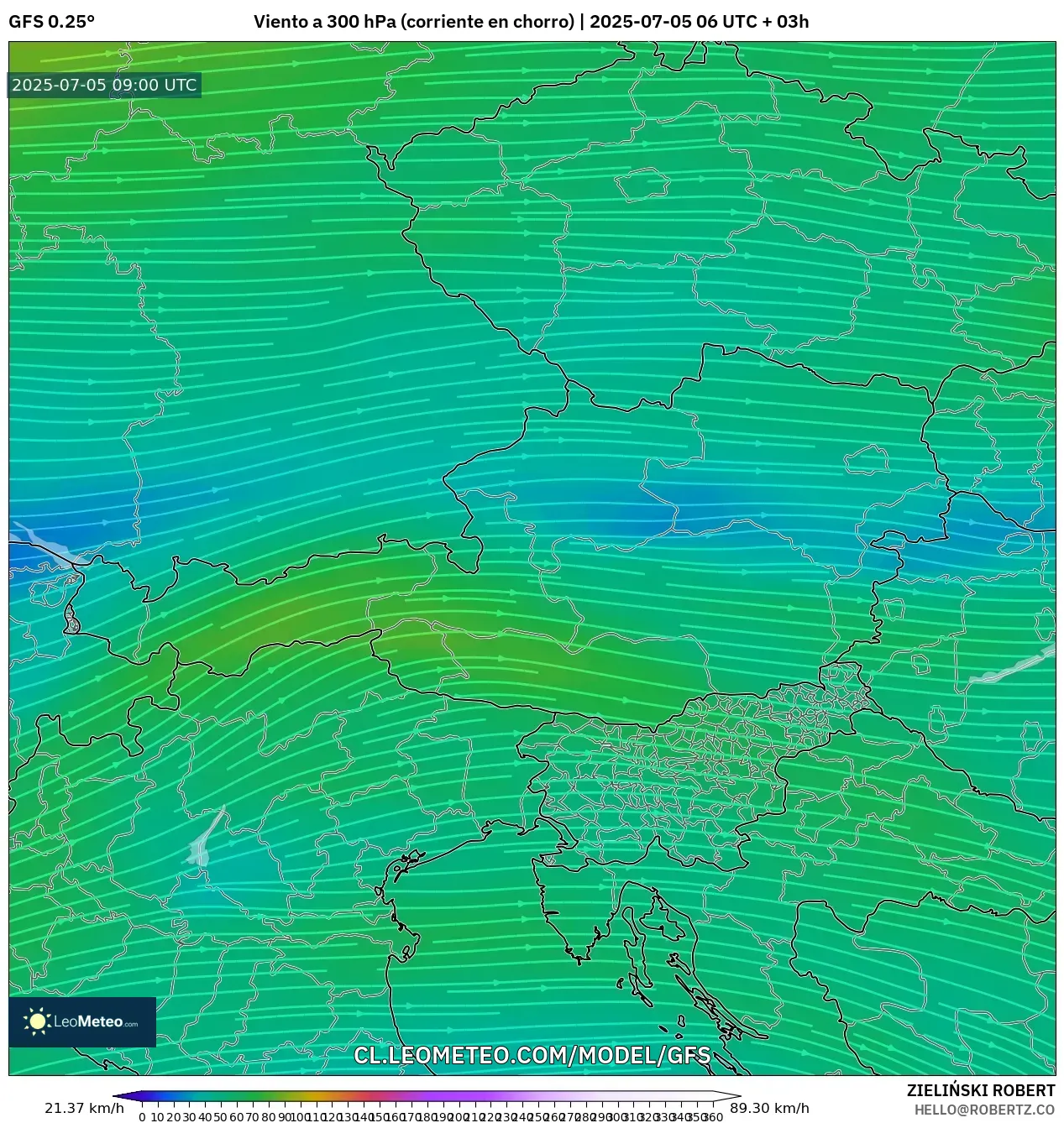 GFS model - Austria, Viento a 300 hPa (corriente en chorro) GFS model - Austria, Viento a 300 hPa (corriente en chorro)
