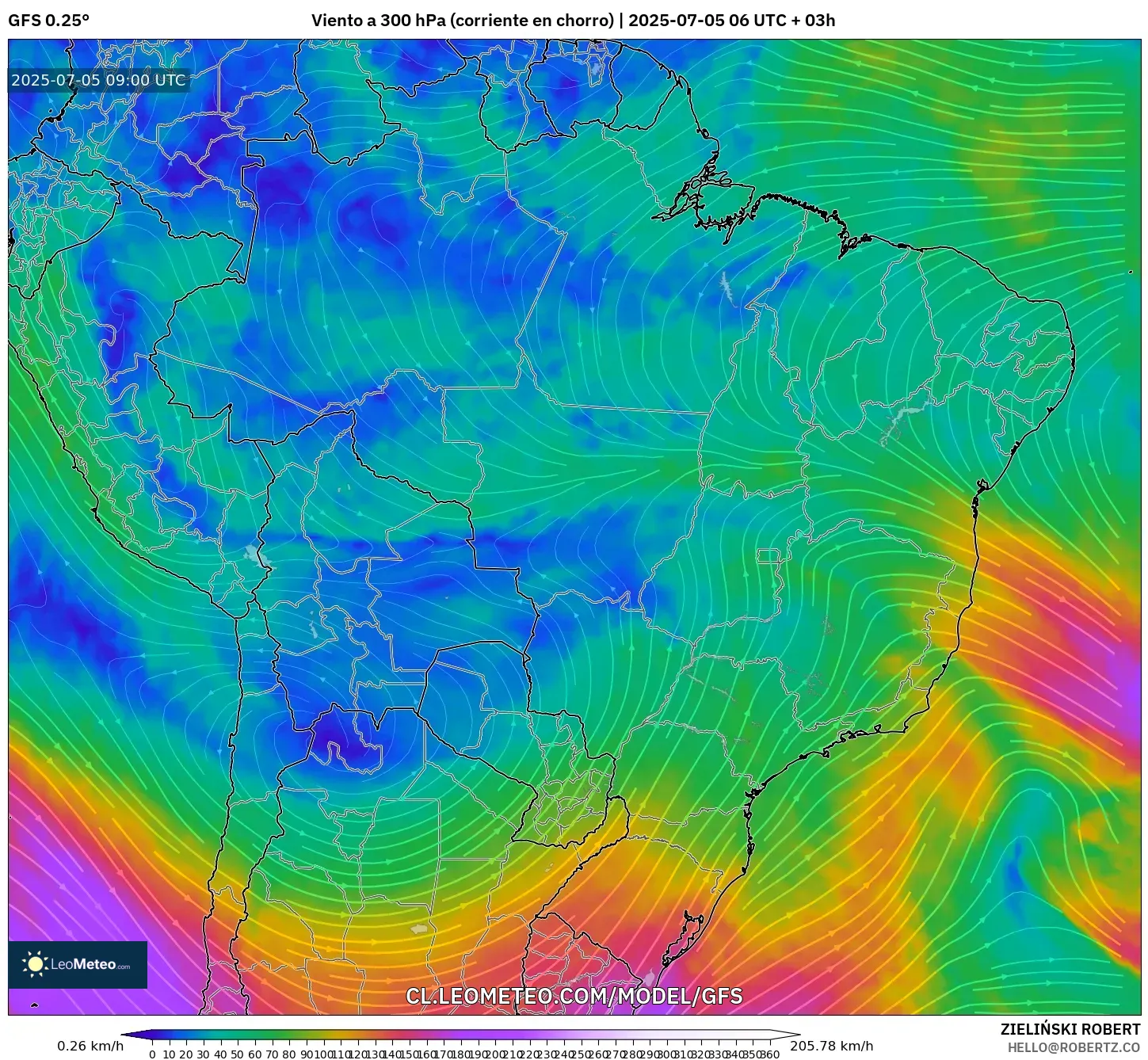 GFS model - Brasil, Viento a 300 hPa (corriente en chorro) GFS model - Brasil, Viento a 300 hPa (corriente en chorro)