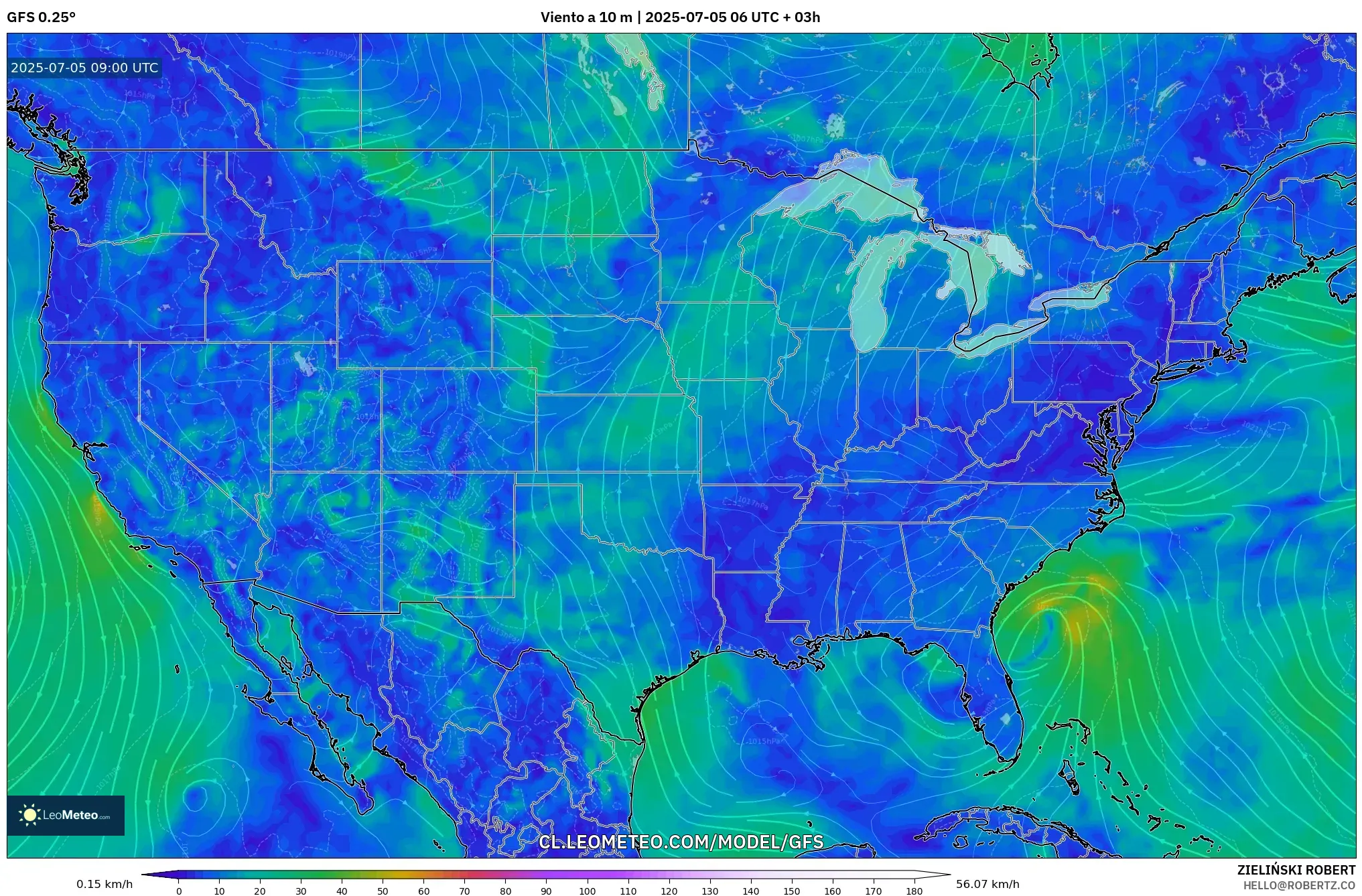GFS model - Estados Unidos, Viento a 10 m GFS model - Estados Unidos, Viento a 10 m