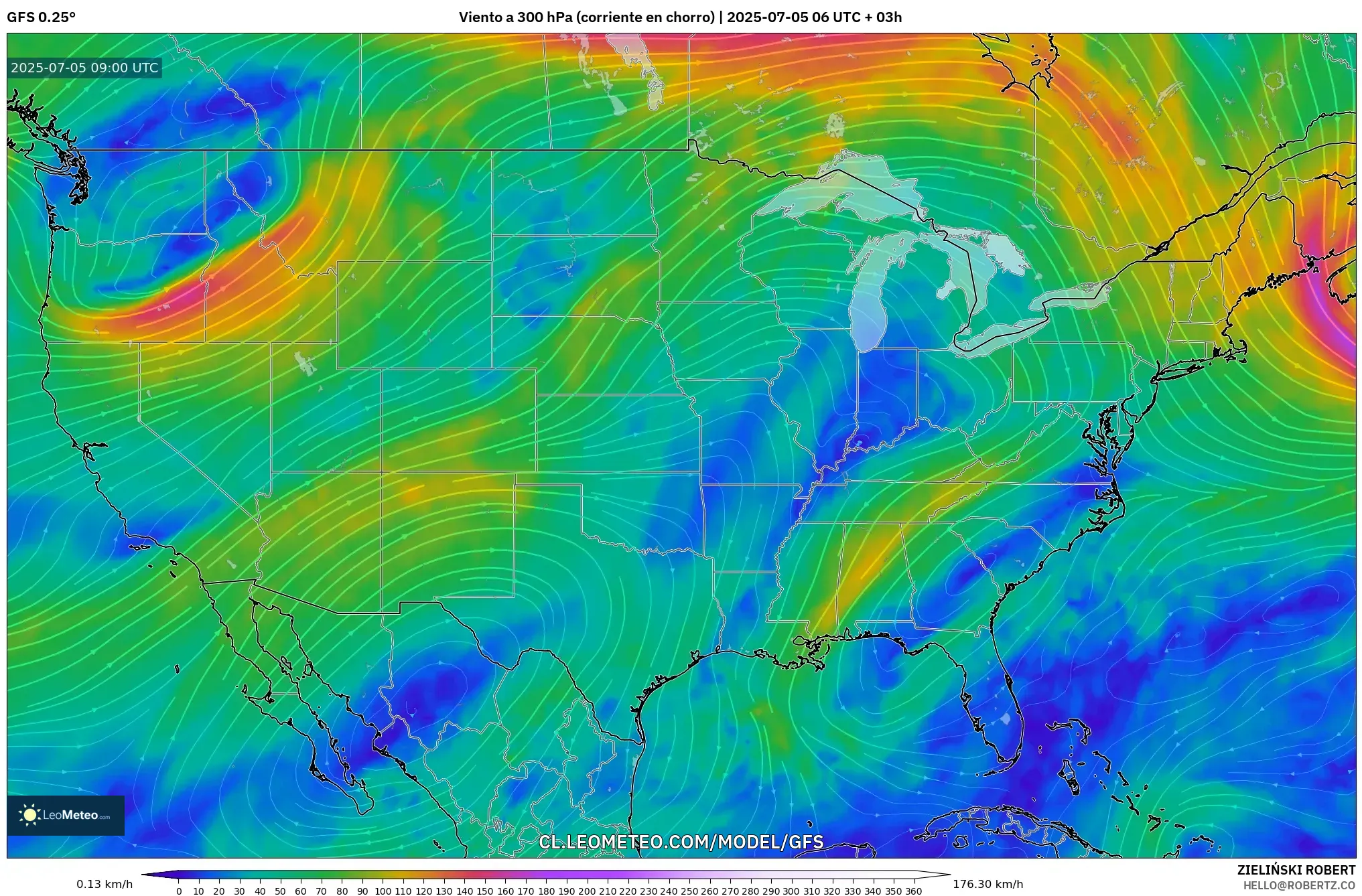 GFS model - Estados Unidos, Viento a 300 hPa (corriente en chorro) GFS model - Estados Unidos, Viento a 300 hPa (corriente en chorro)