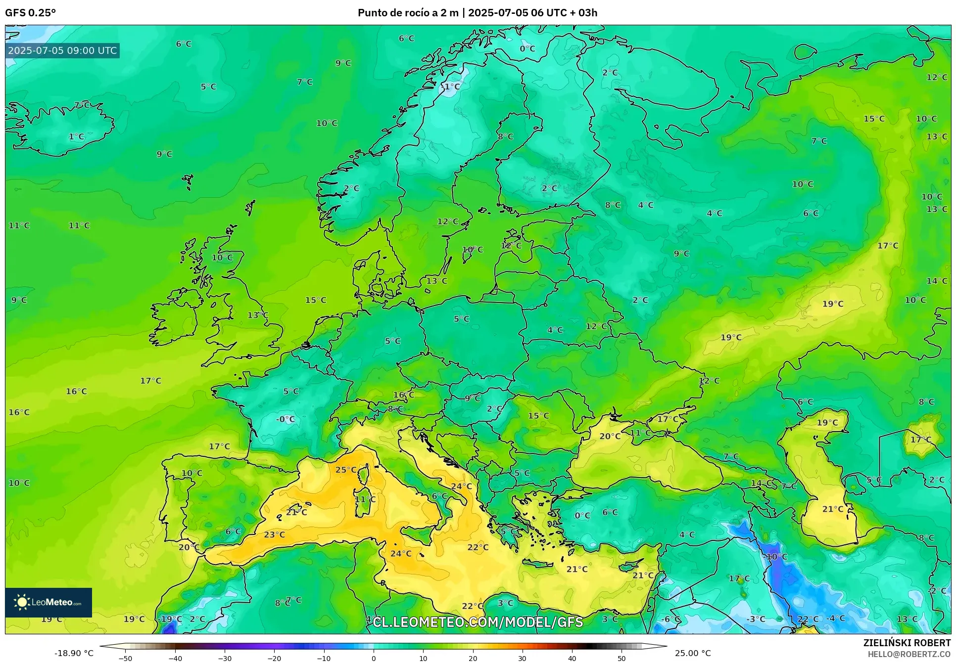 GFS model - Europa, Punto de rocío a 2 m GFS model - Europa, Punto de rocío a 2 m
