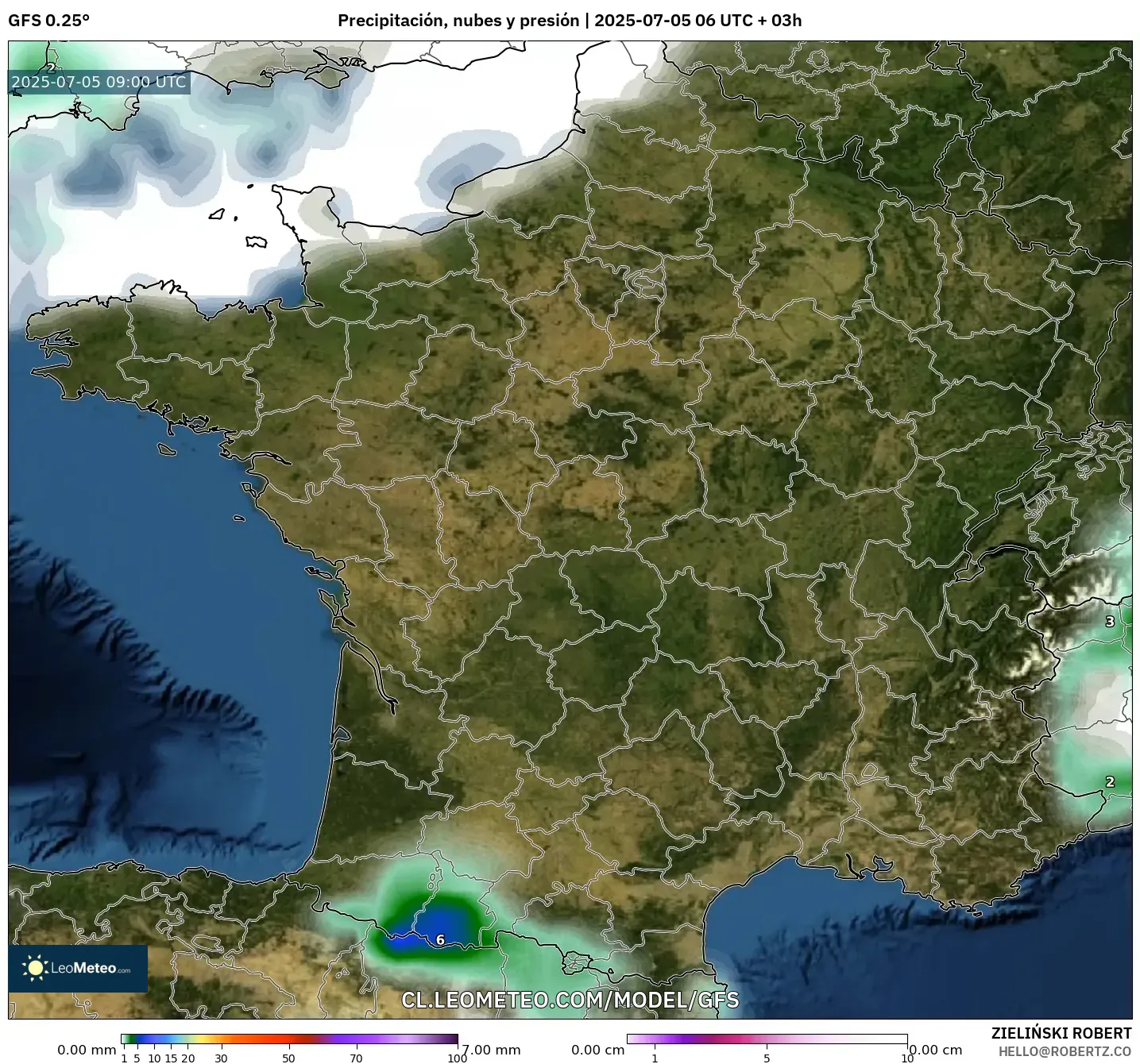 GFS model - Francia, Precipitación, nubes y presión GFS model - Francia, Precipitación, nubes y presión