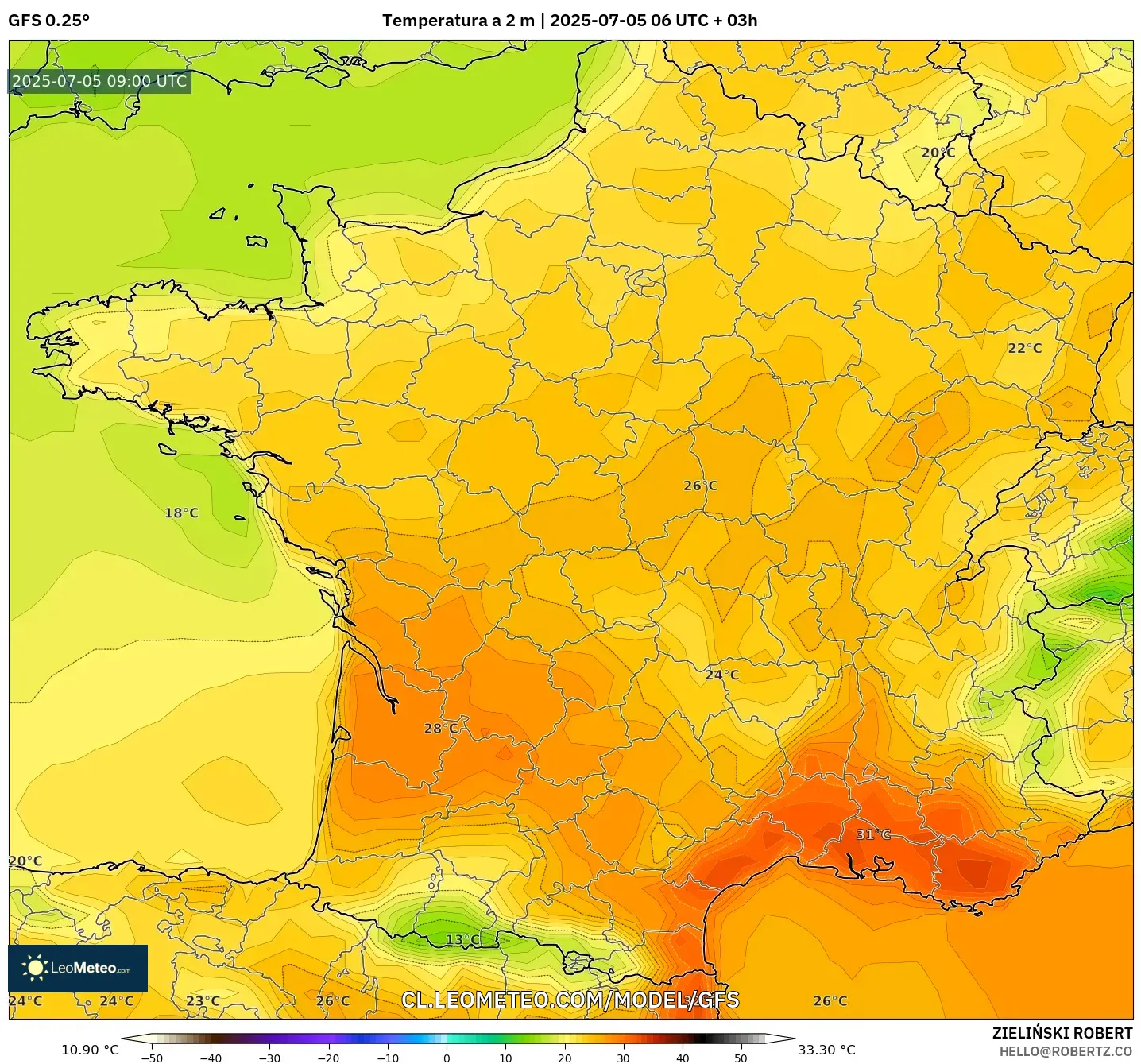 GFS model - Francia, Temperatura a 2 m GFS model - Francia, Temperatura a 2 m