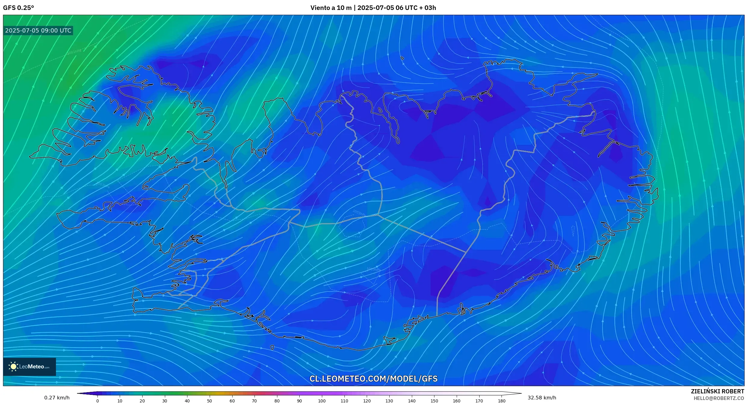 GFS model - Islandia, Viento a 10 m GFS model - Islandia, Viento a 10 m