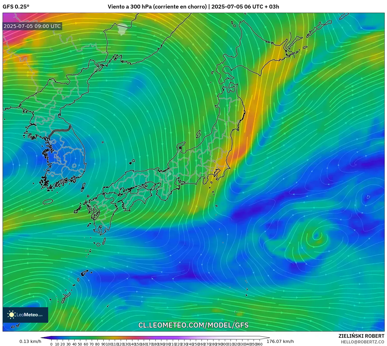 GFS model - Japón, Viento a 300 hPa (corriente en chorro) GFS model - Japón, Viento a 300 hPa (corriente en chorro)