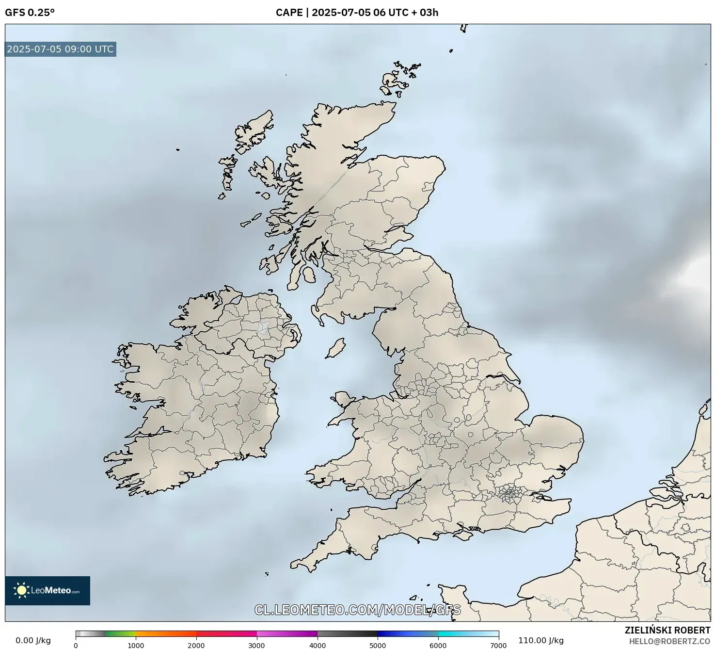 GFS model - Reino Unido, CAPE GFS model - Reino Unido, CAPE