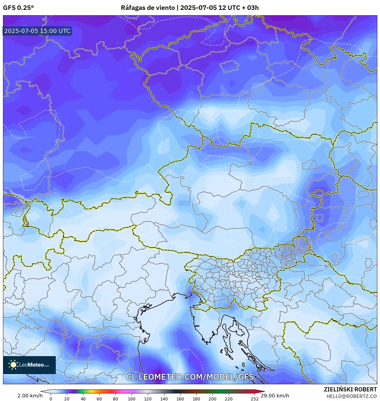 GFS model - Austria, Ráfagas de viento GFS model - Austria, Ráfagas de viento