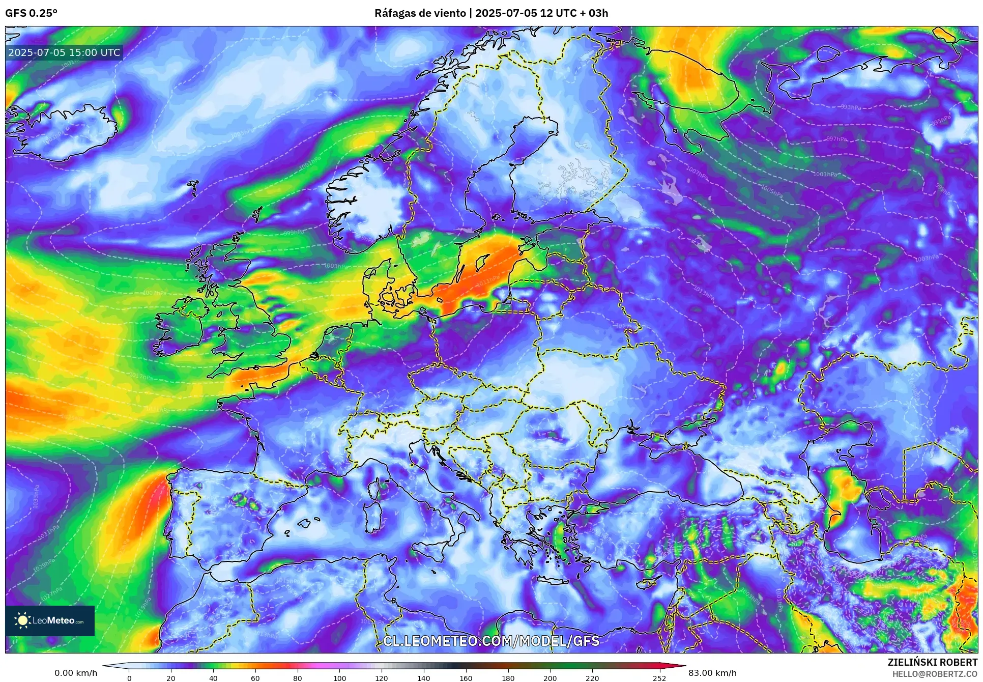GFS model - Europa, Ráfagas de viento GFS model - Europa, Ráfagas de viento