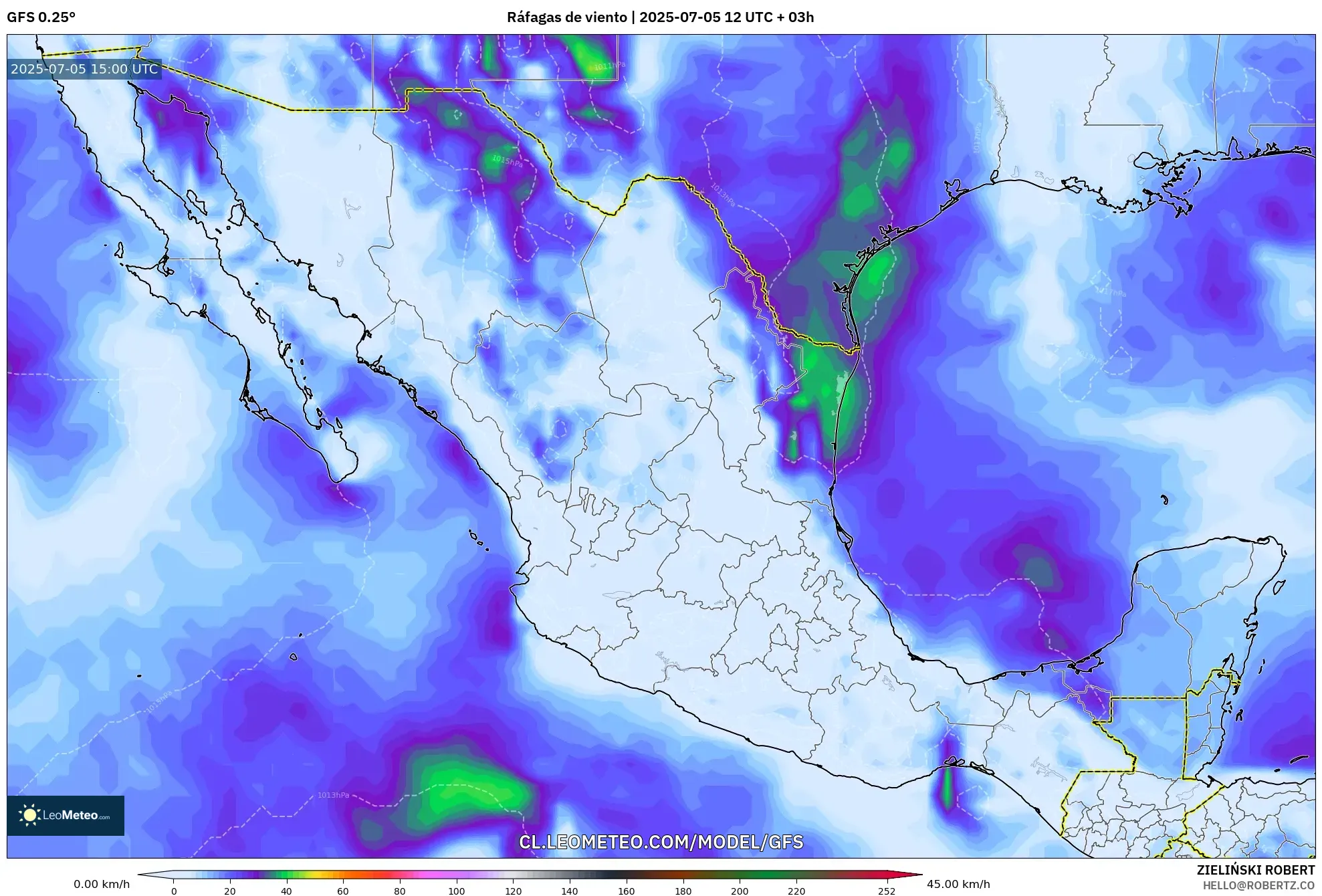GFS model - México, Ráfagas de viento GFS model - México, Ráfagas de viento