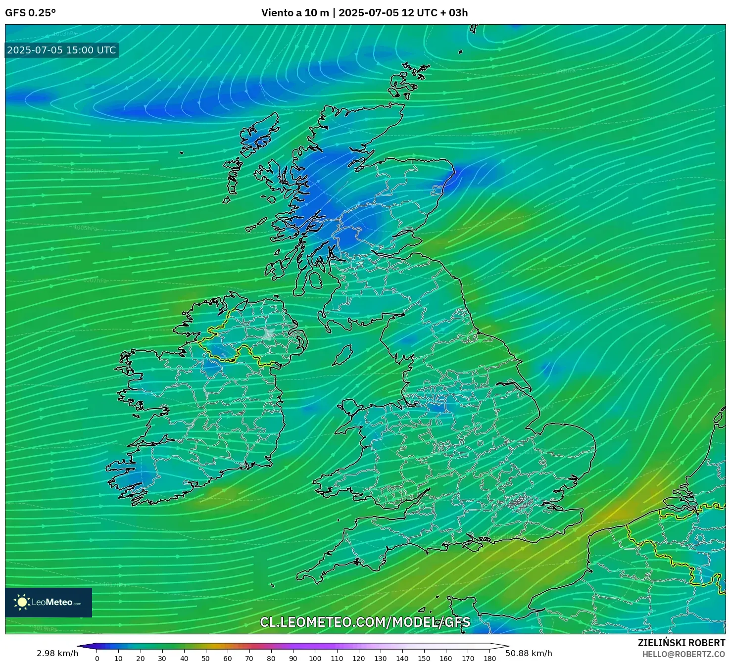 GFS model - Reino Unido, Viento a 10 m GFS model - Reino Unido, Viento a 10 m