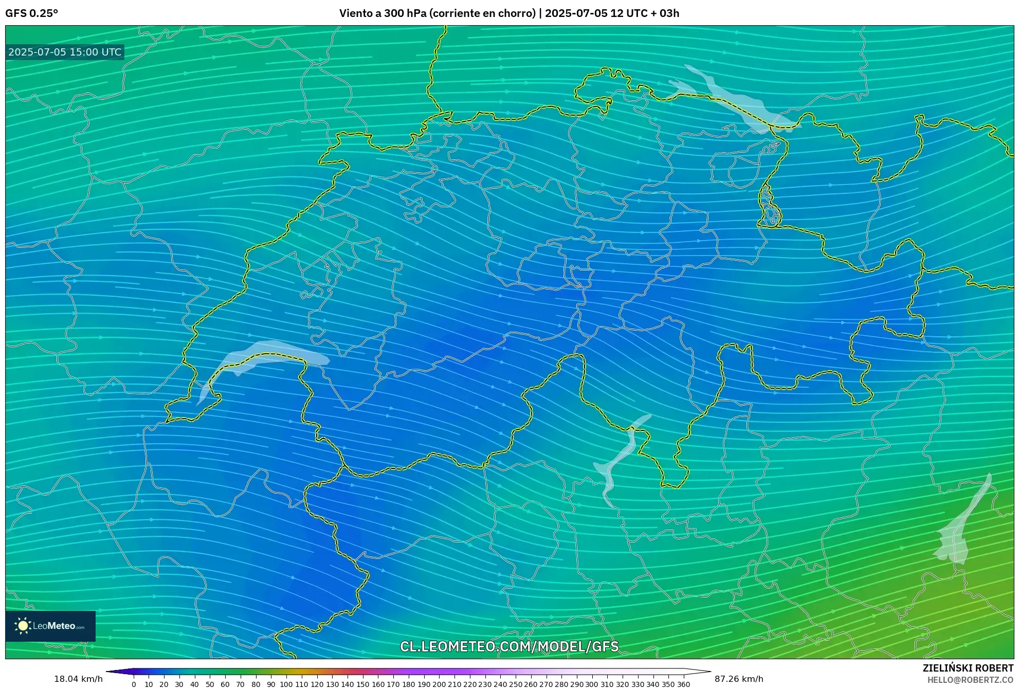 GFS model - Suiza, Viento a 300 hPa (corriente en chorro) GFS model - Suiza, Viento a 300 hPa (corriente en chorro)