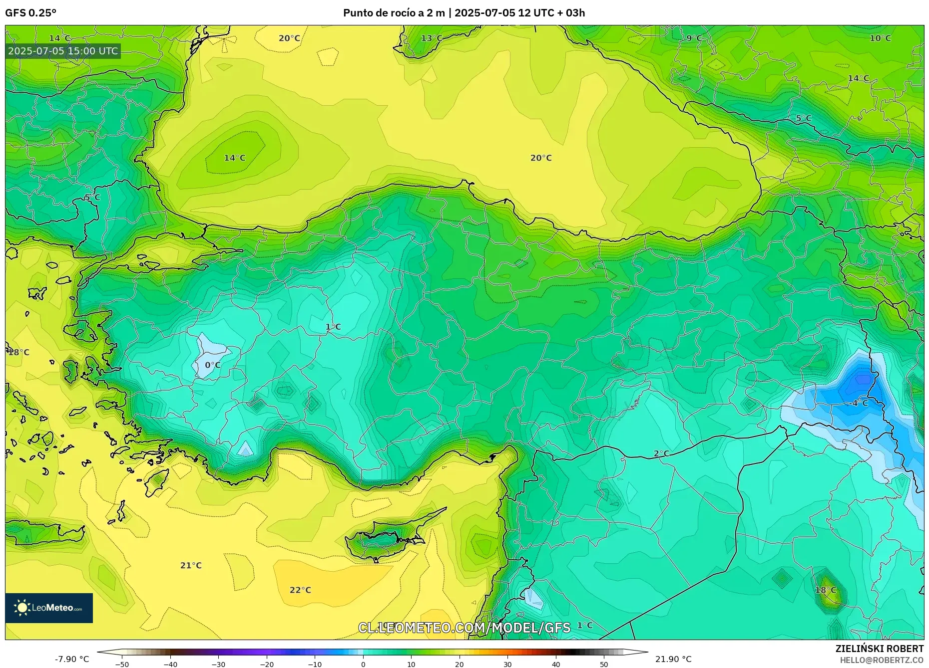 GFS model - Turquía, Punto de rocío a 2 m GFS model - Turquía, Punto de rocío a 2 m