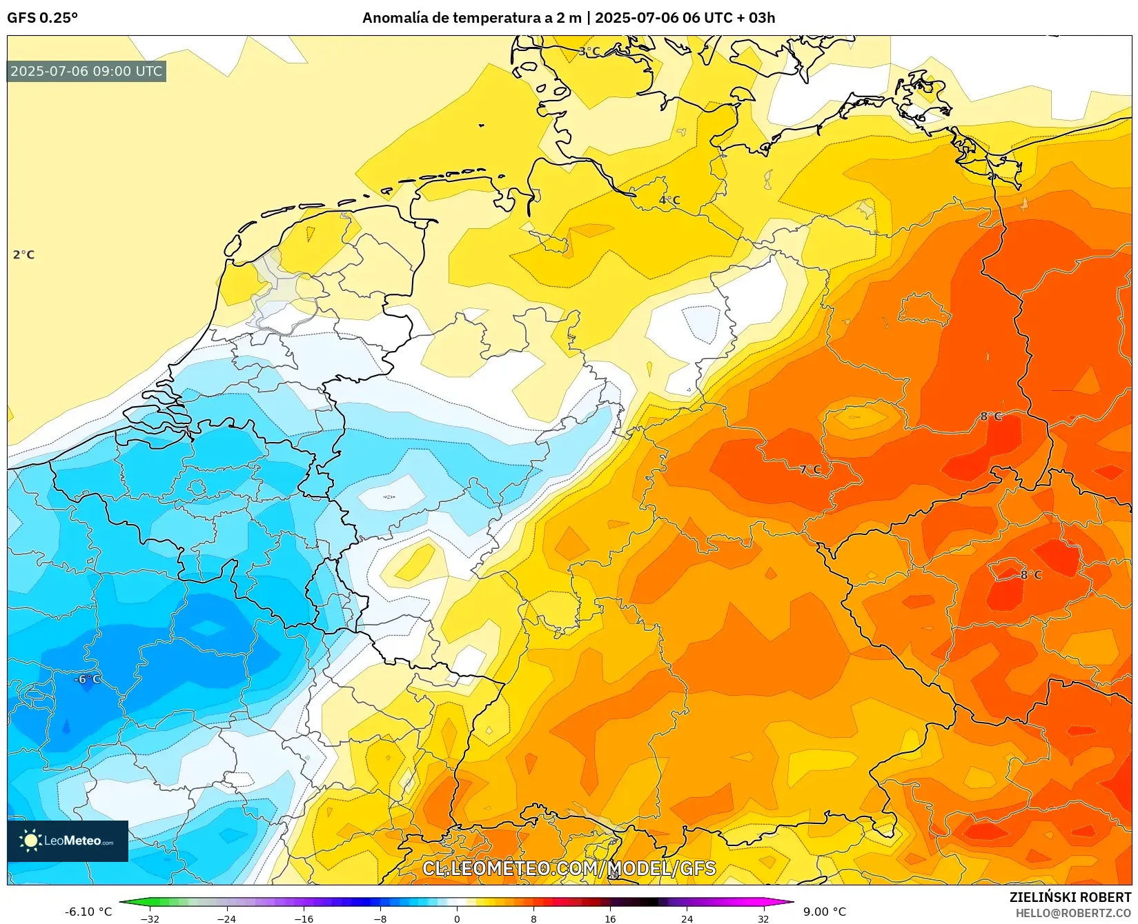 GFS model - Alemania, Anomalía de temperatura a 2 m GFS model - Alemania, Anomalía de temperatura a 2 m