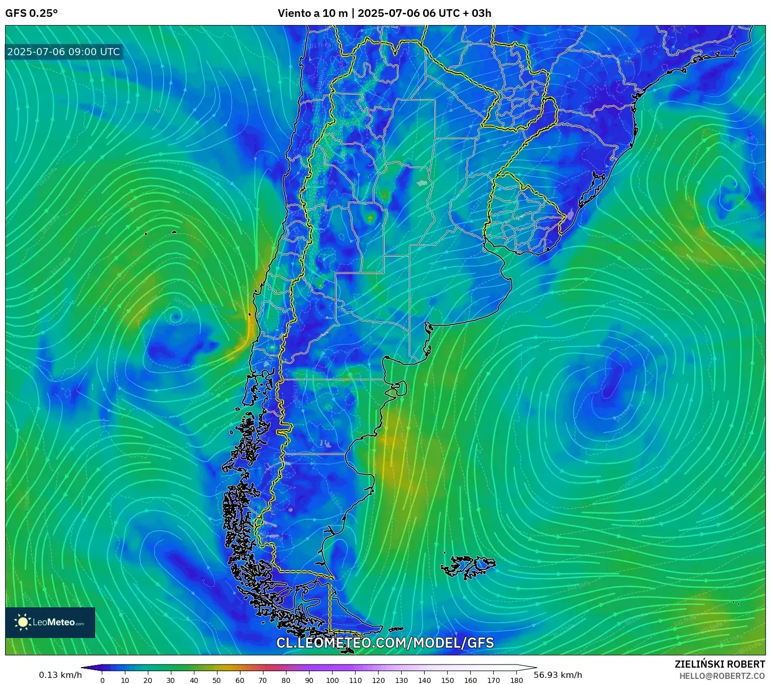 GFS model - Argentina, Viento a 10 m GFS model - Argentina, Viento a 10 m