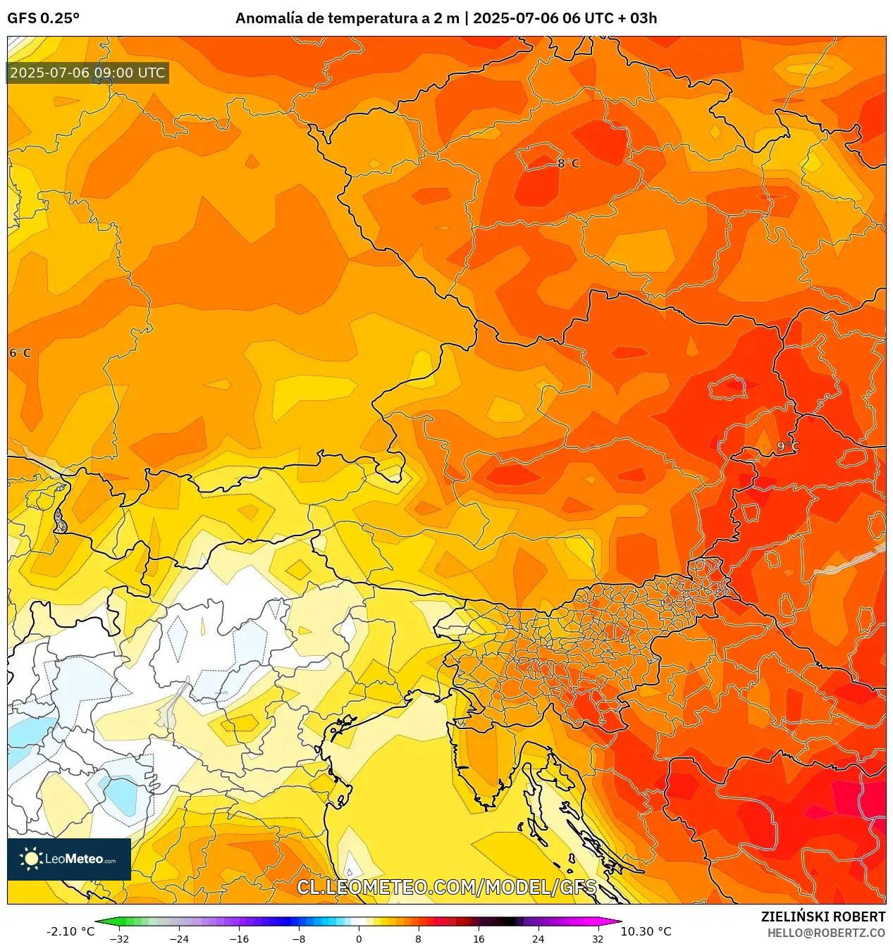 GFS model - Austria, Anomalía de temperatura a 2 m GFS model - Austria, Anomalía de temperatura a 2 m