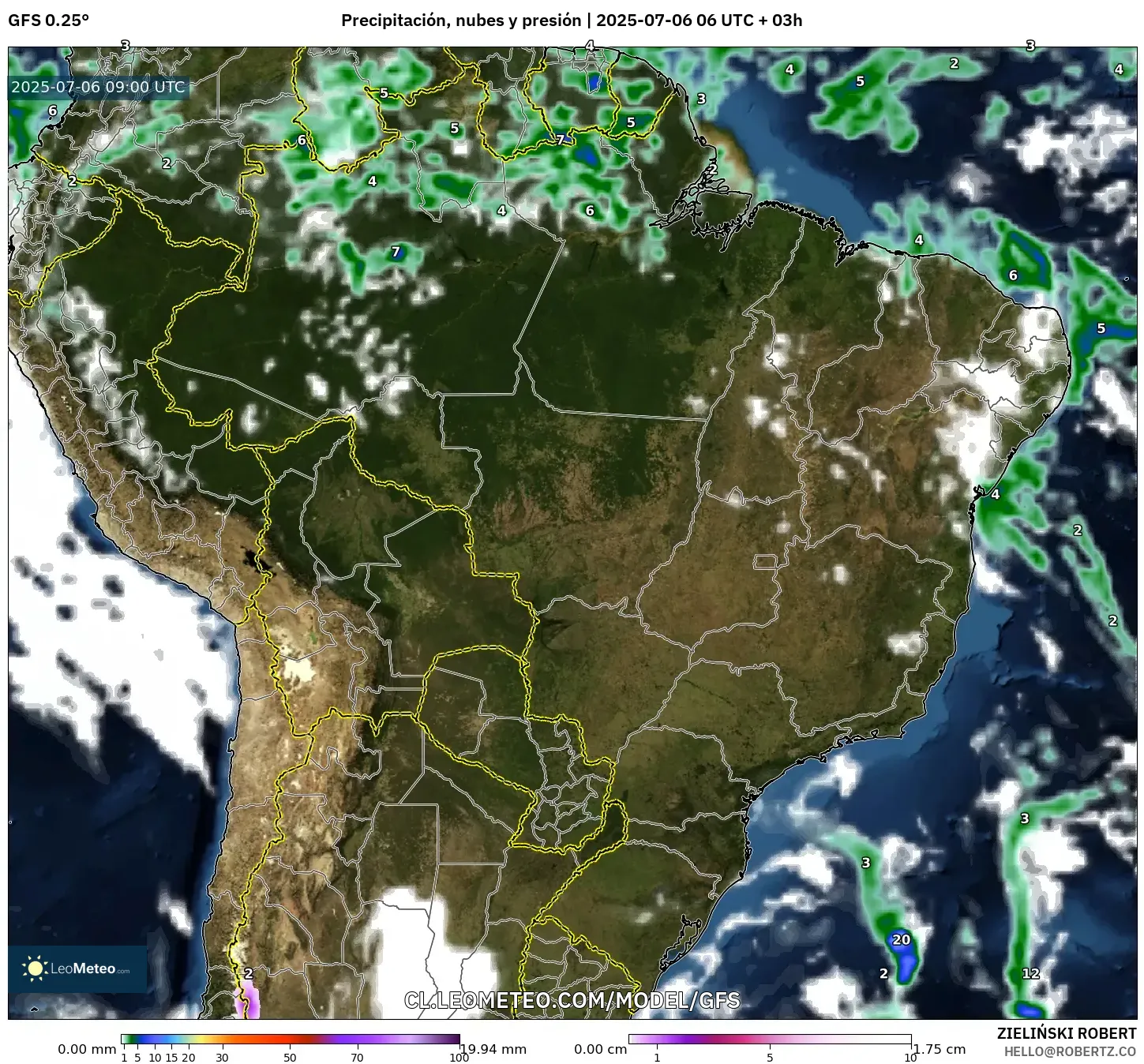 GFS model - Brasil, Precipitación, nubes y presión GFS model - Brasil, Precipitación, nubes y presión