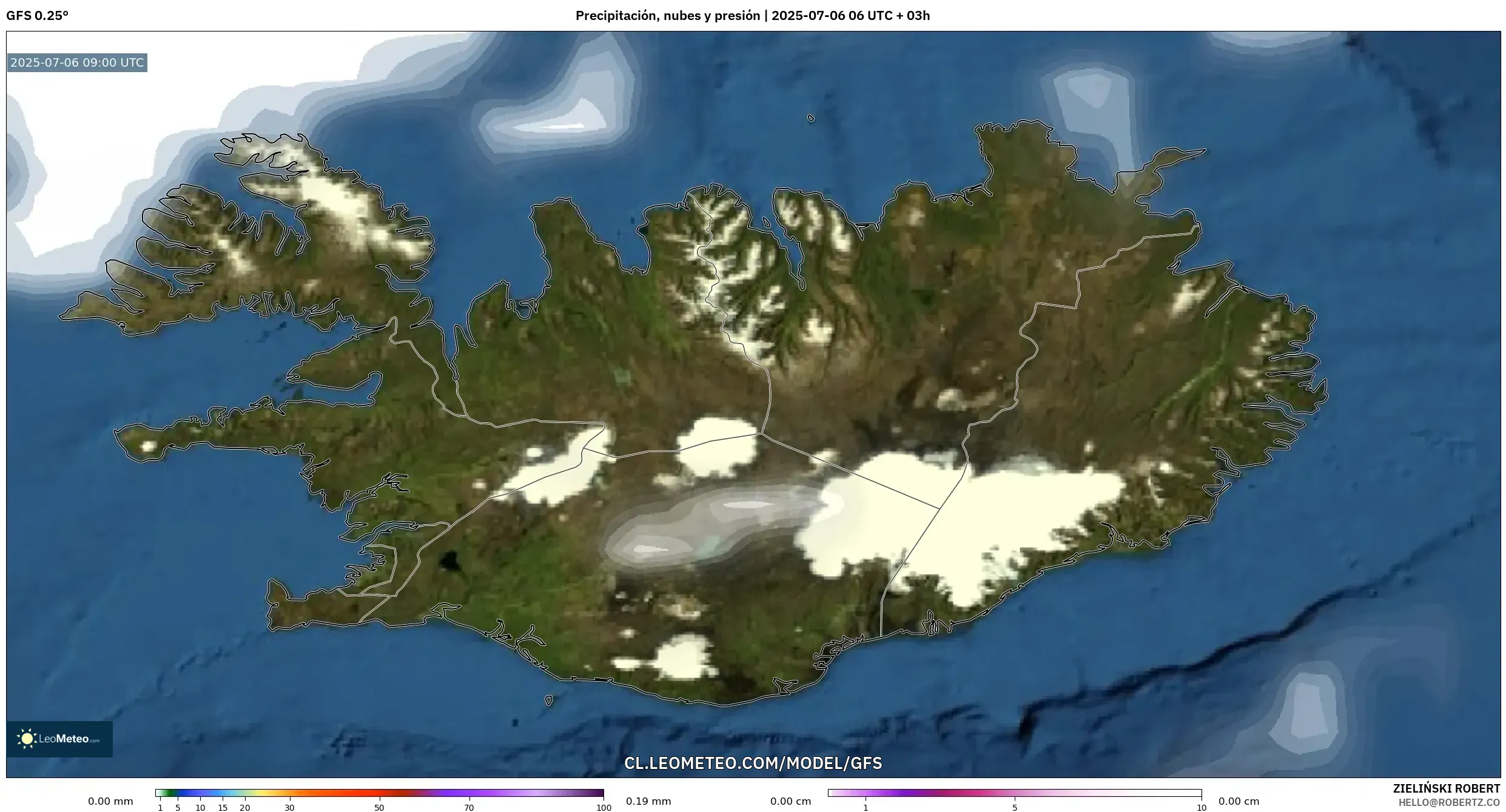 GFS model - Islandia, Precipitación, nubes y presión GFS model - Islandia, Precipitación, nubes y presión