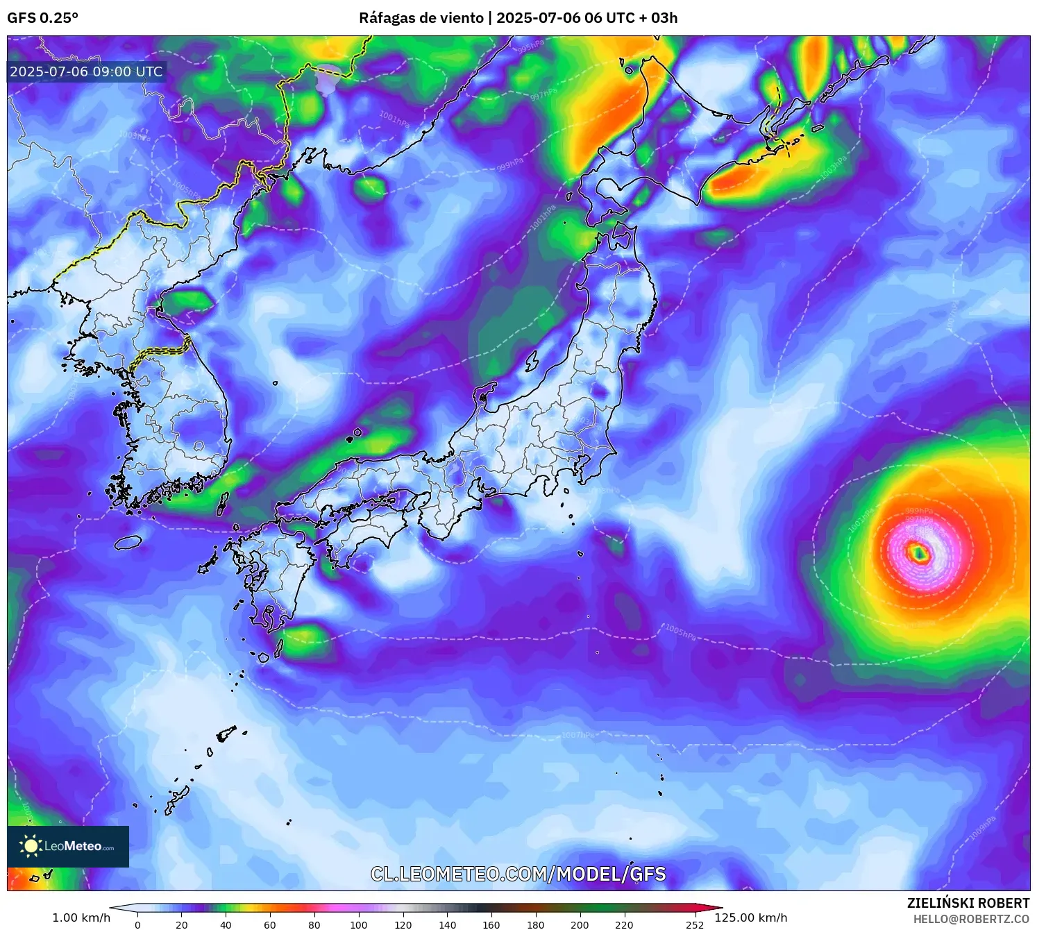 GFS model - Japón, Ráfagas de viento GFS model - Japón, Ráfagas de viento