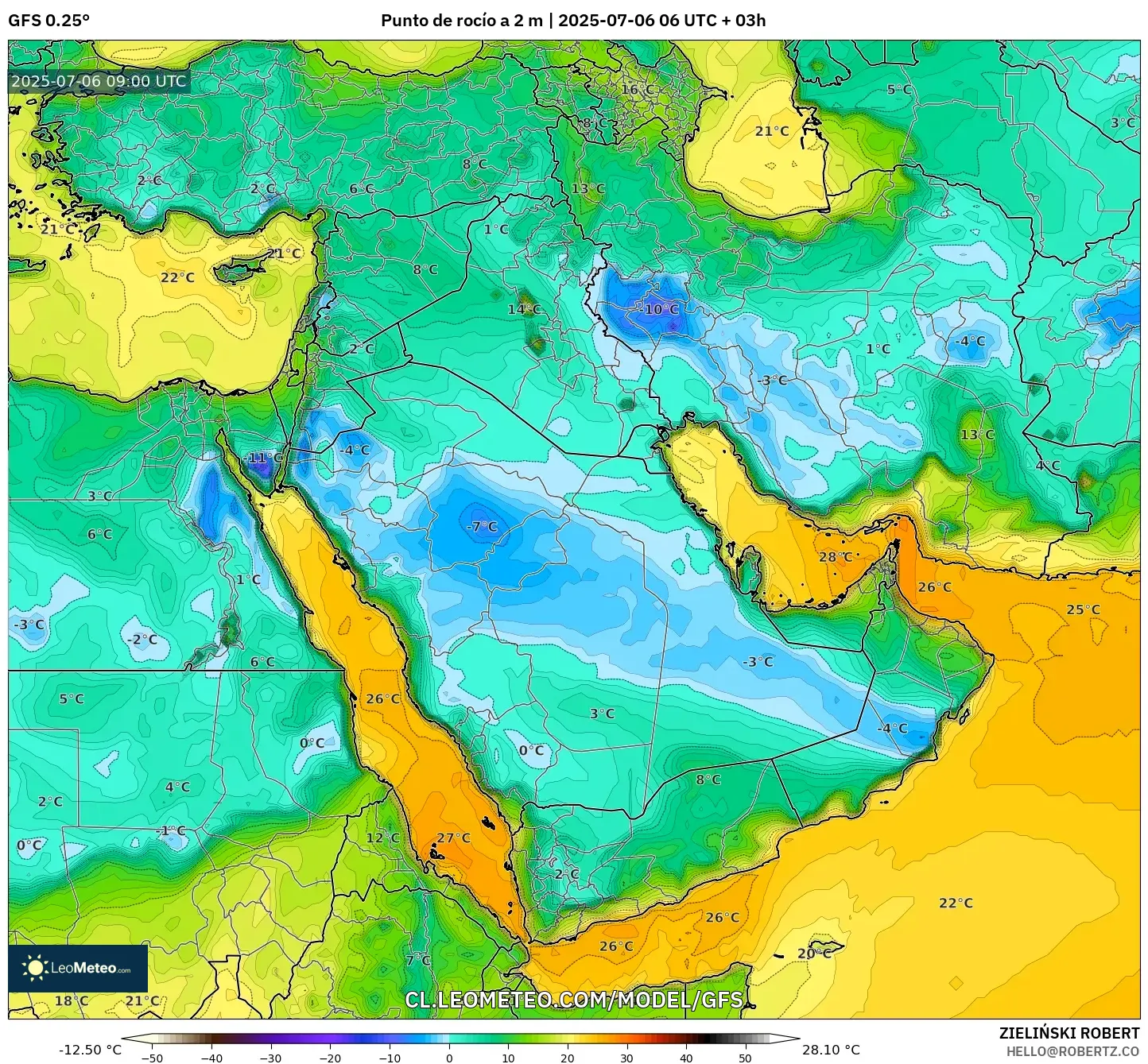 GFS model - Oriente Medio, Punto de rocío a 2 m GFS model - Oriente Medio, Punto de rocío a 2 m