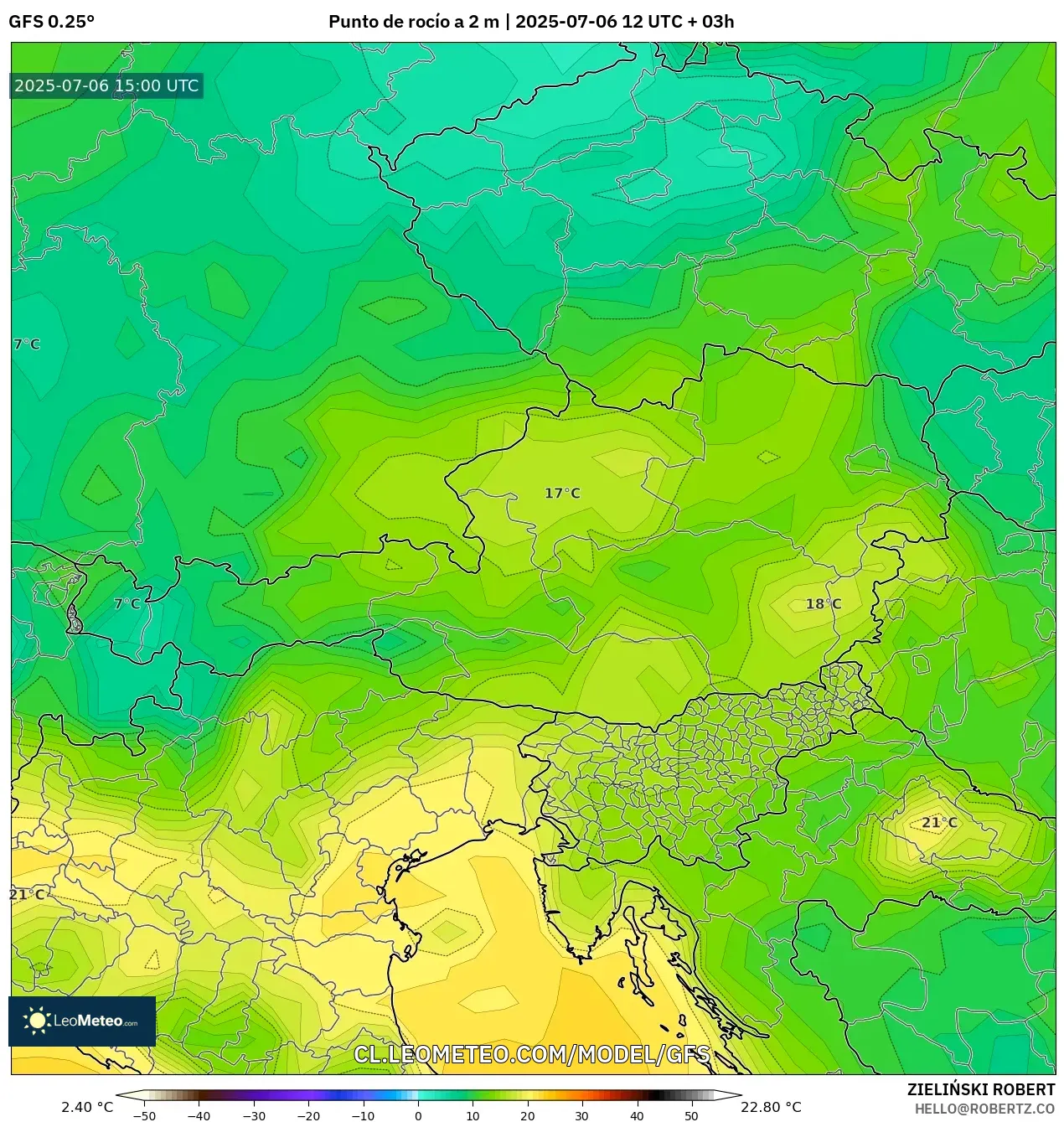 GFS model - Austria, Punto de rocío a 2 m GFS model - Austria, Punto de rocío a 2 m