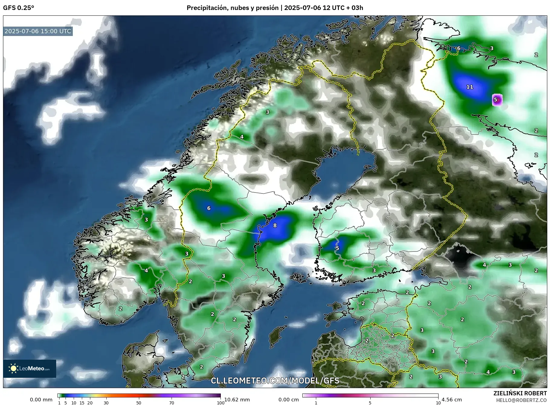 GFS model - Escandinavia, Precipitación, nubes y presión GFS model - Escandinavia, Precipitación, nubes y presión