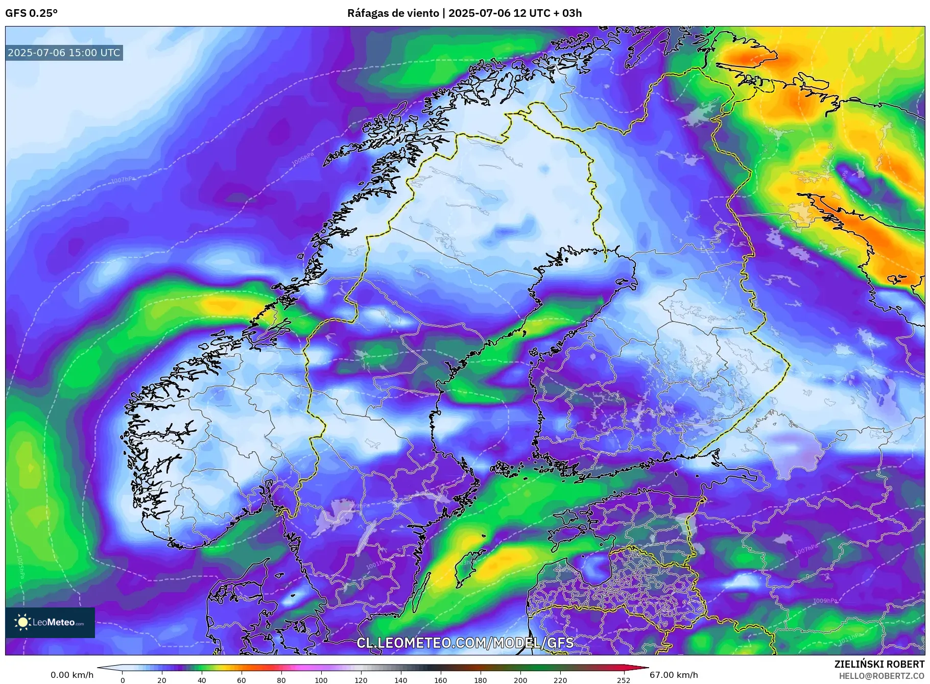 GFS model - Escandinavia, Ráfagas de viento GFS model - Escandinavia, Ráfagas de viento