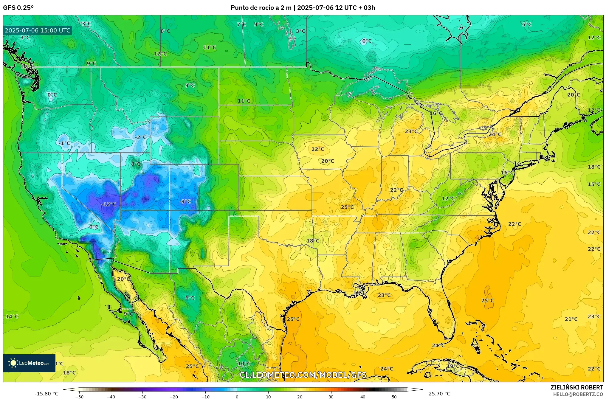 GFS model - Estados Unidos, Punto de rocío a 2 m GFS model - Estados Unidos, Punto de rocío a 2 m