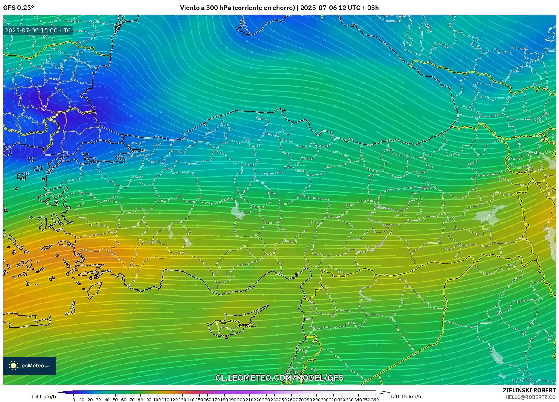 GFS model - Turquía, Viento a 300 hPa (corriente en chorro) GFS model - Turquía, Viento a 300 hPa (corriente en chorro)